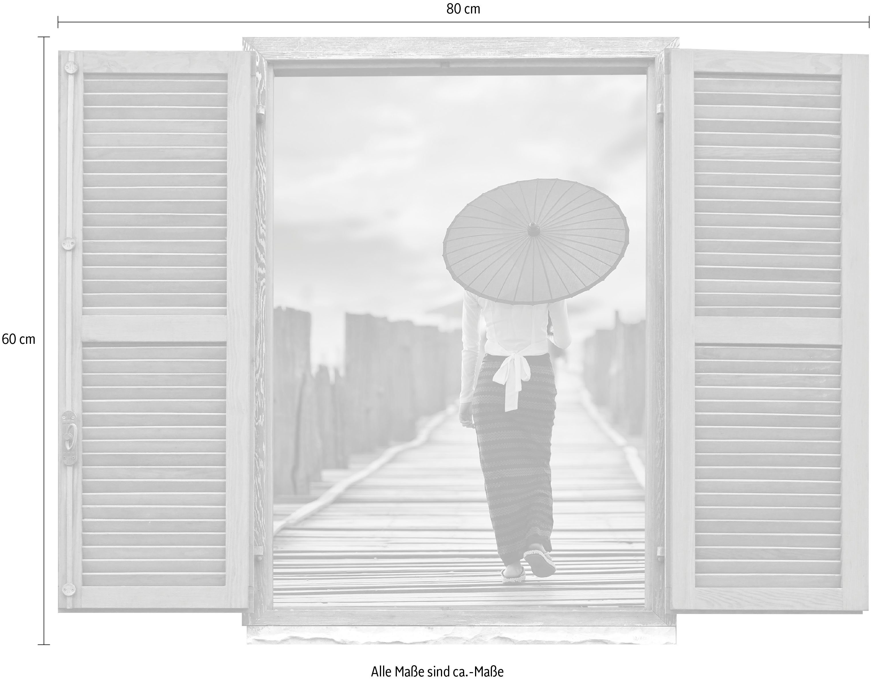queence Wandfolie Vrouw op brug Muursticker, muurdecoratie, zelfklevend, 3D, raam (1 stuk)