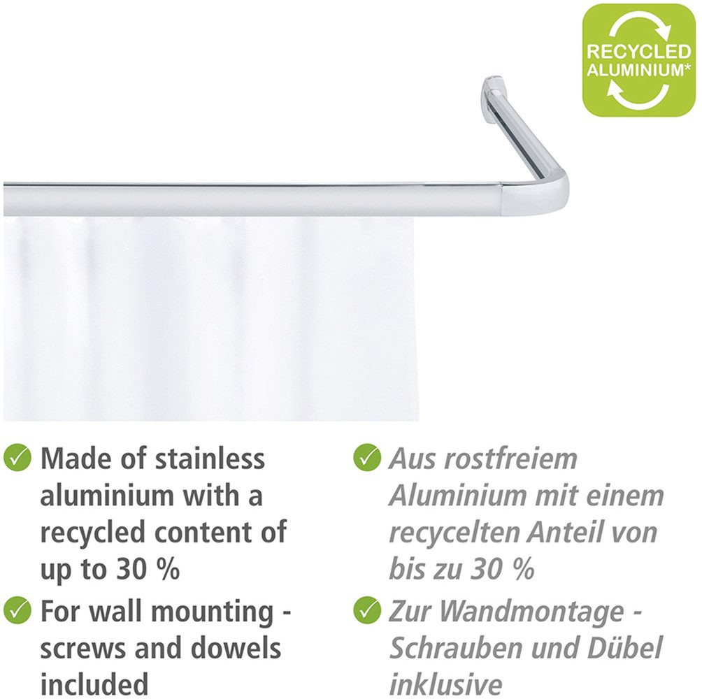 WENKO Hoekstang Model Era Hoekrail van aluminium voor douchegordijnen, inclusief 16 speciale glijders, 81 cm x 2 cm