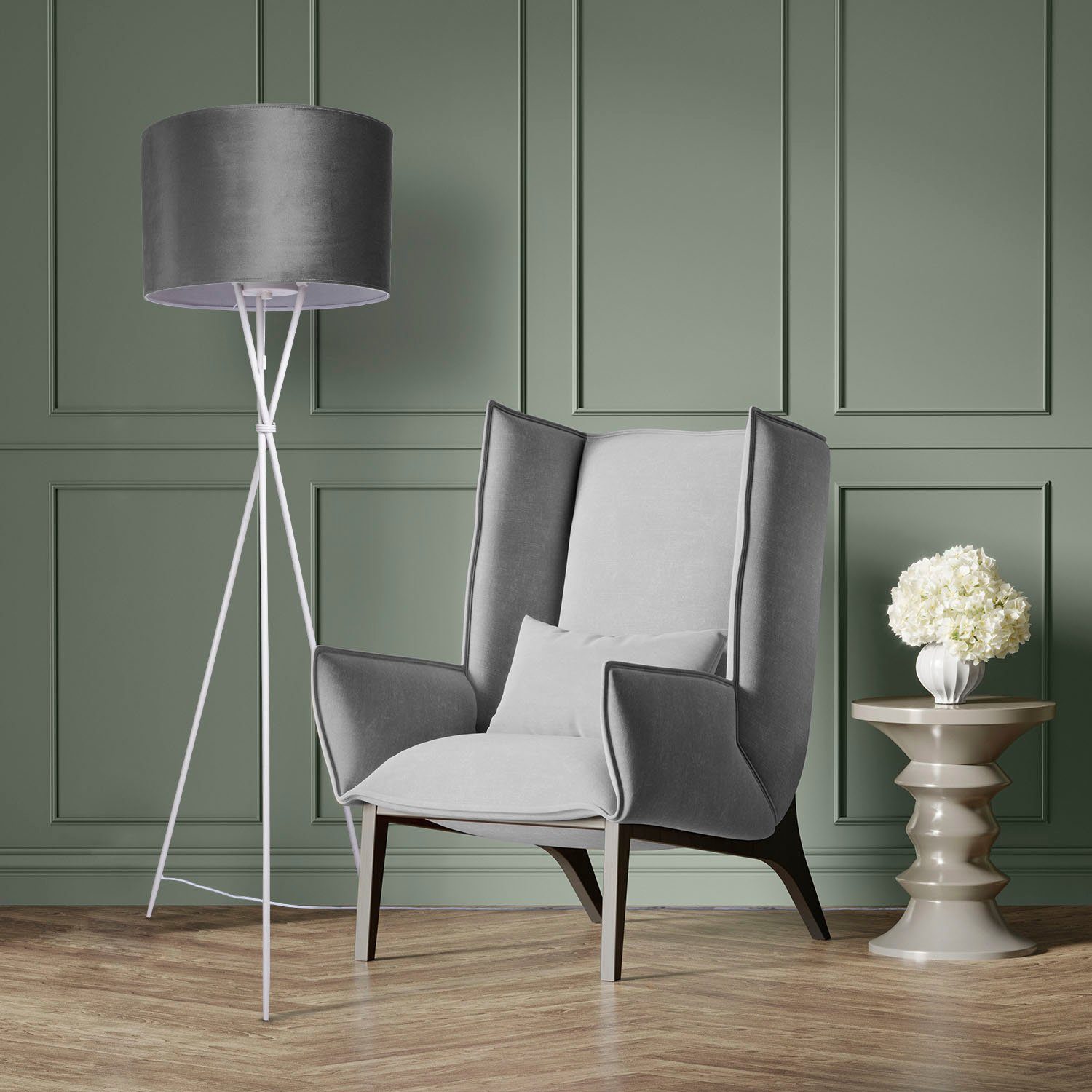Paco Home Staande lamp Kate uni kleur Woonkamer driepoot vloerlamp velours hoogte 177,5cm filigraan E27