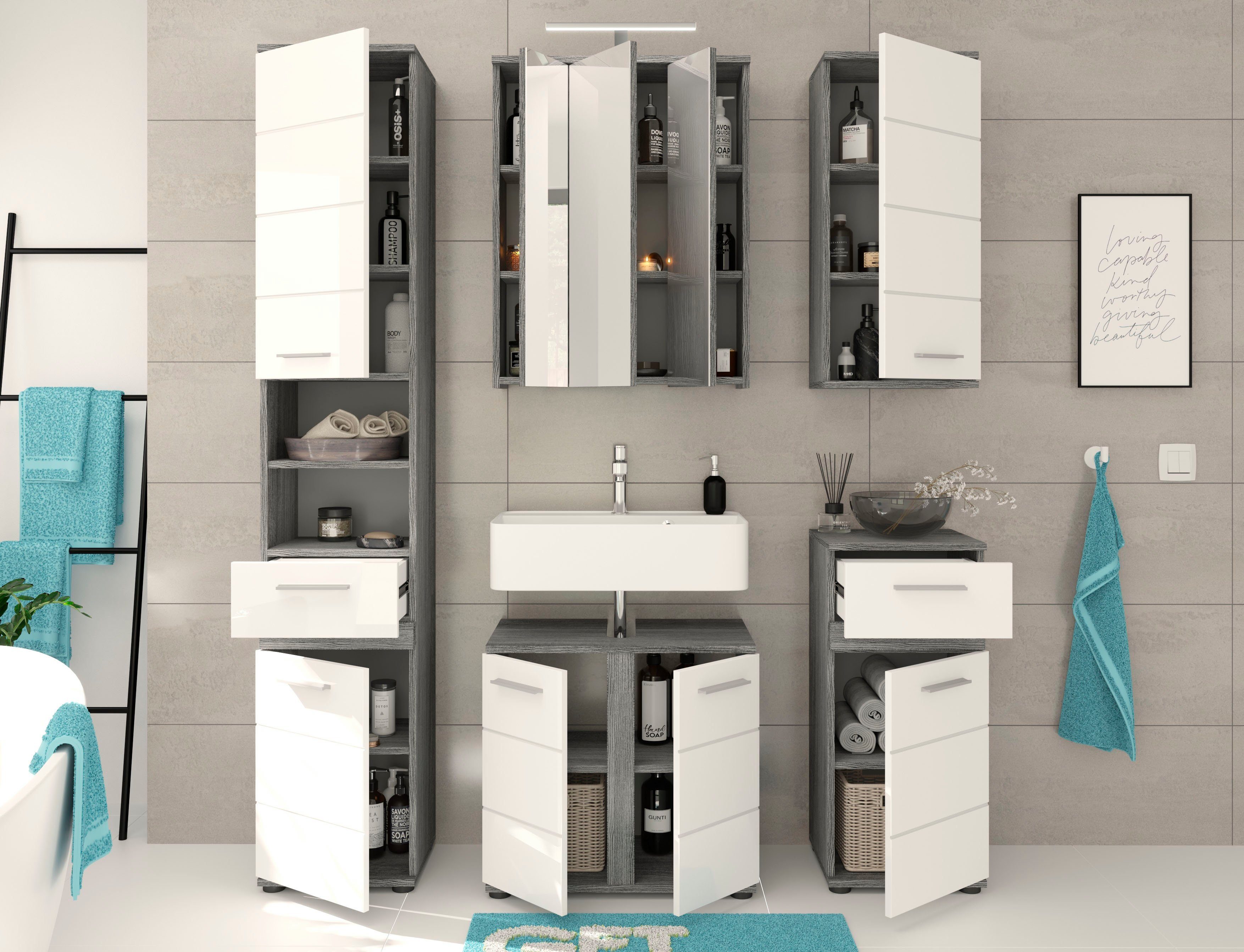 welltime Badkamerserie LUCCA, 5-delig, TOPSELLER!, MDF hoogglansfront, bestaande uit: (set, 5-delig)