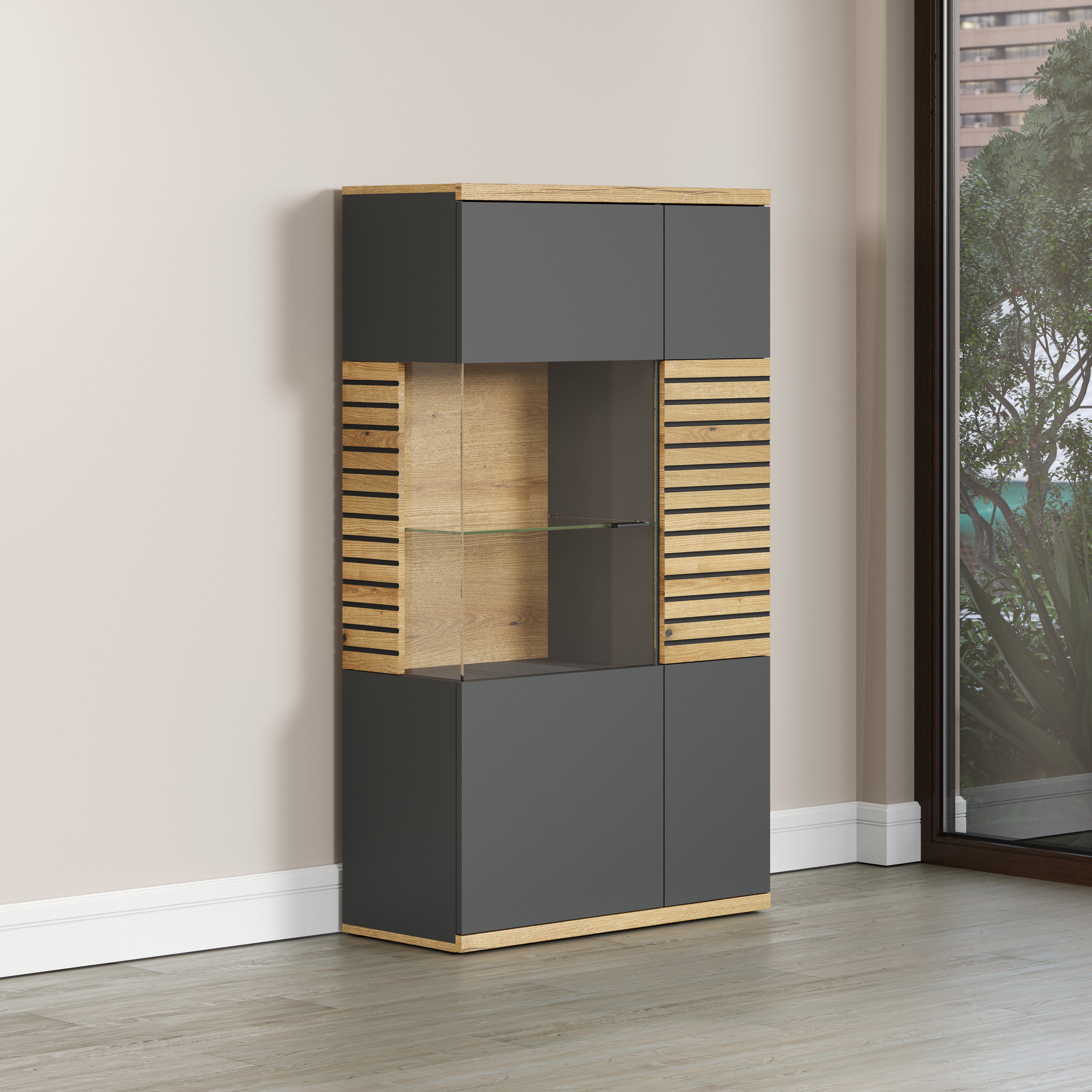 INOSIGN Highboard GALWAY Vitrine in trendy ribbellook met veel opbergruimte - Soft-Close
