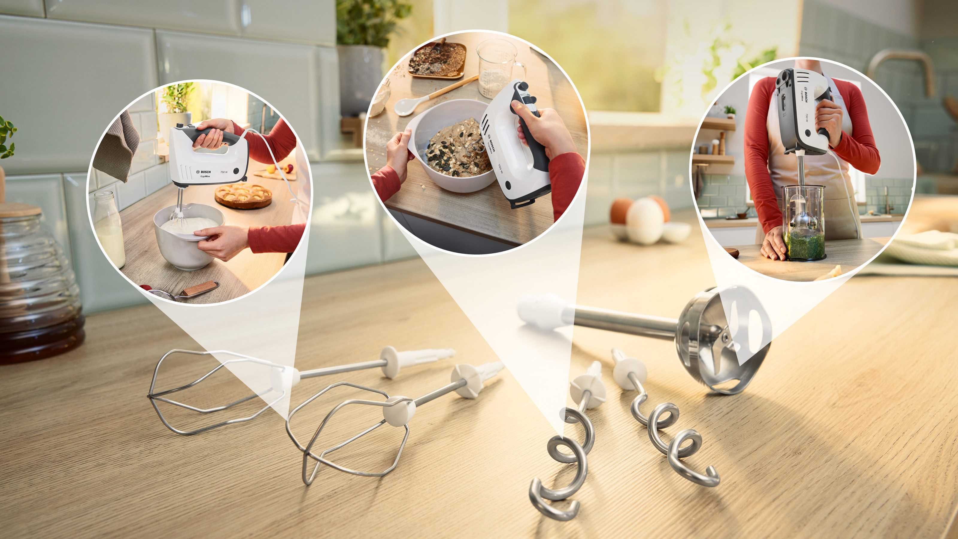 BOSCH Handmixer ErgoMixx MFQ37470, Edelst. Mixstaaf/knethaken, 5 standen, wit Turbostand, mixstaaf, lichtgewicht behuizing, gemaakt in Europa