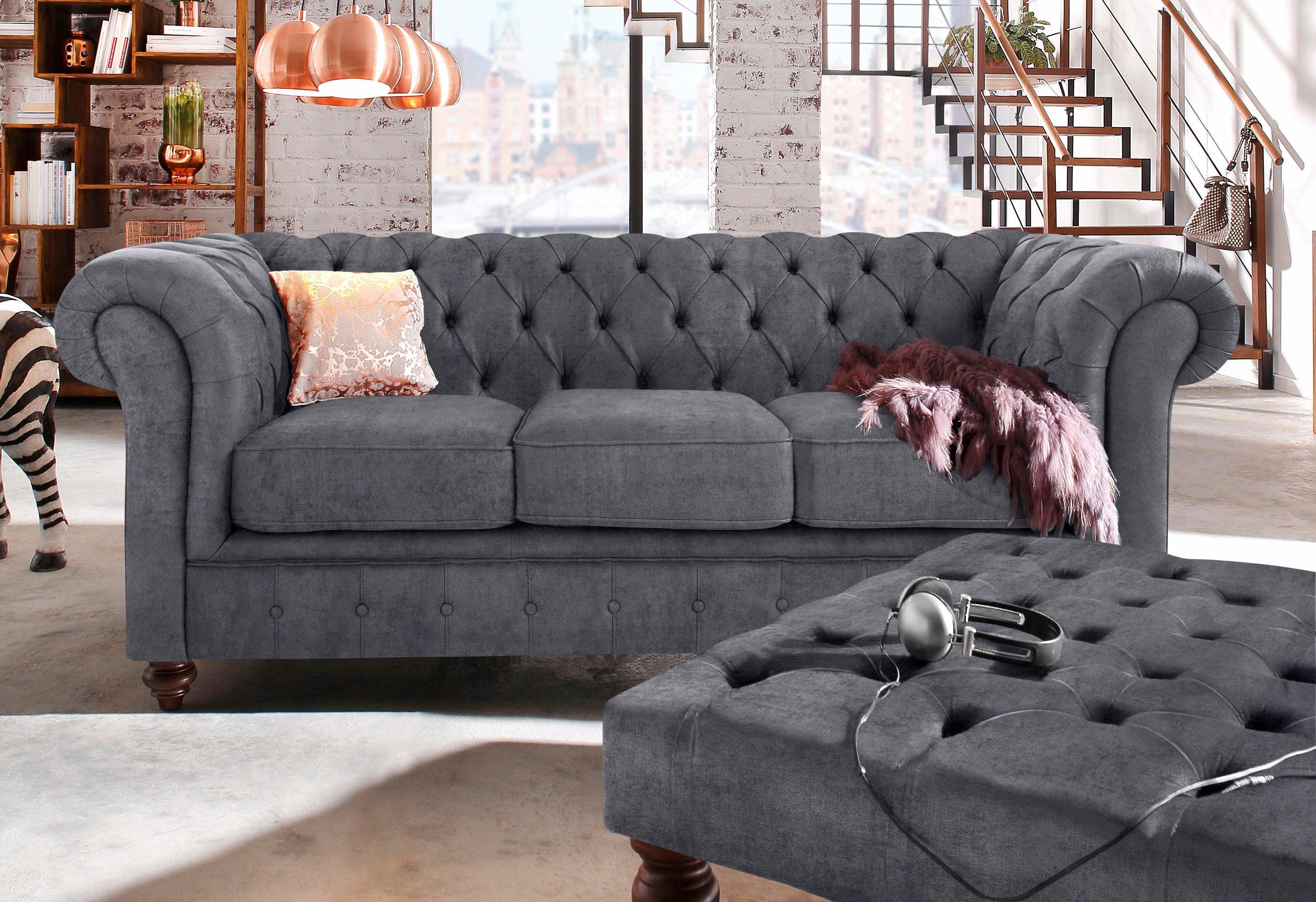 Home affaire Chesterfield-bank Chesterfield 3-zits B/D/H: 198/89/74 cm met hoogwaardige knoopdetails, ook in leer