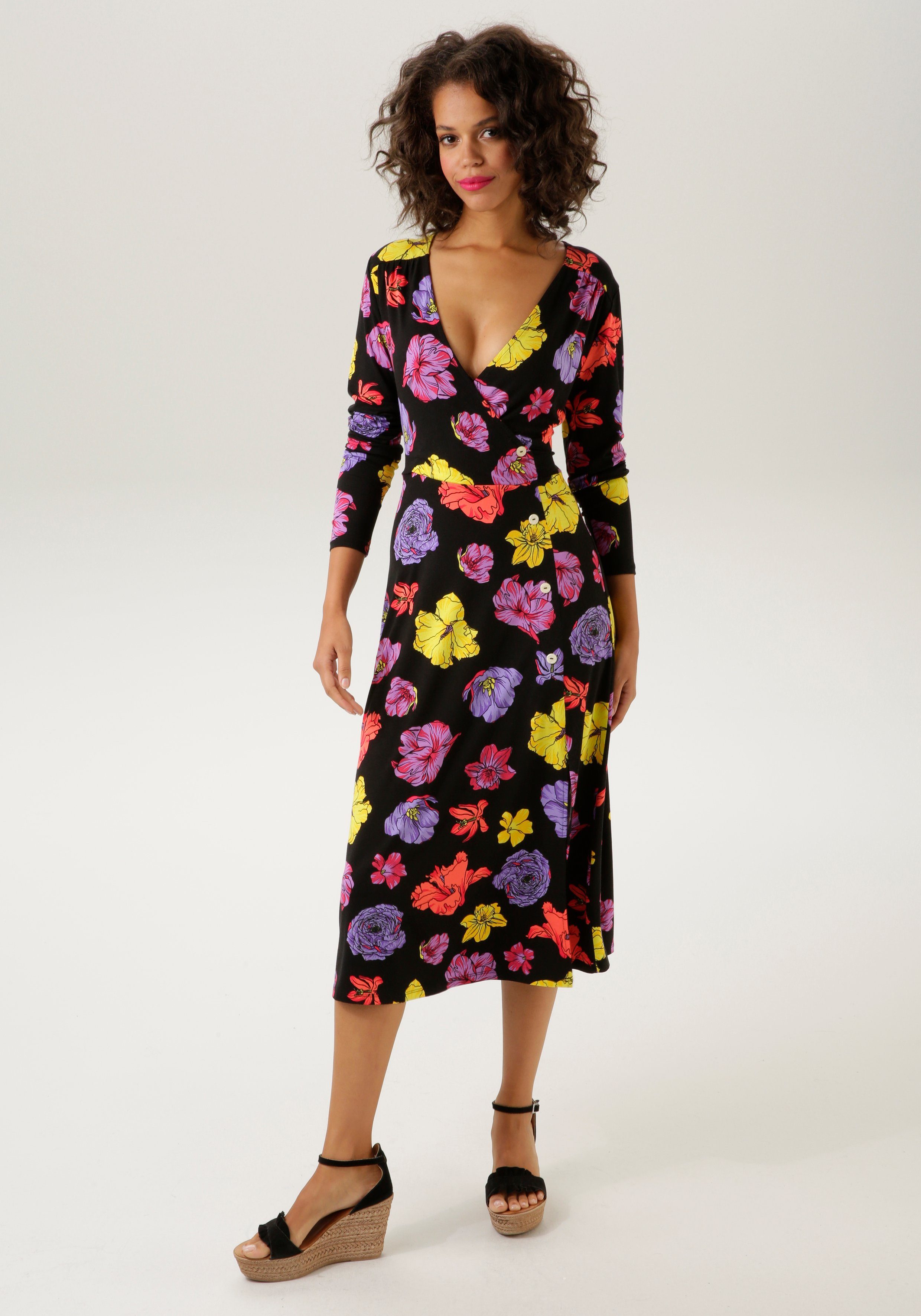 Aniston CASUAL Jerseyjurk met kleurrijke bloemen gedessineerd dames jerseyjurken maat 36 multicolor