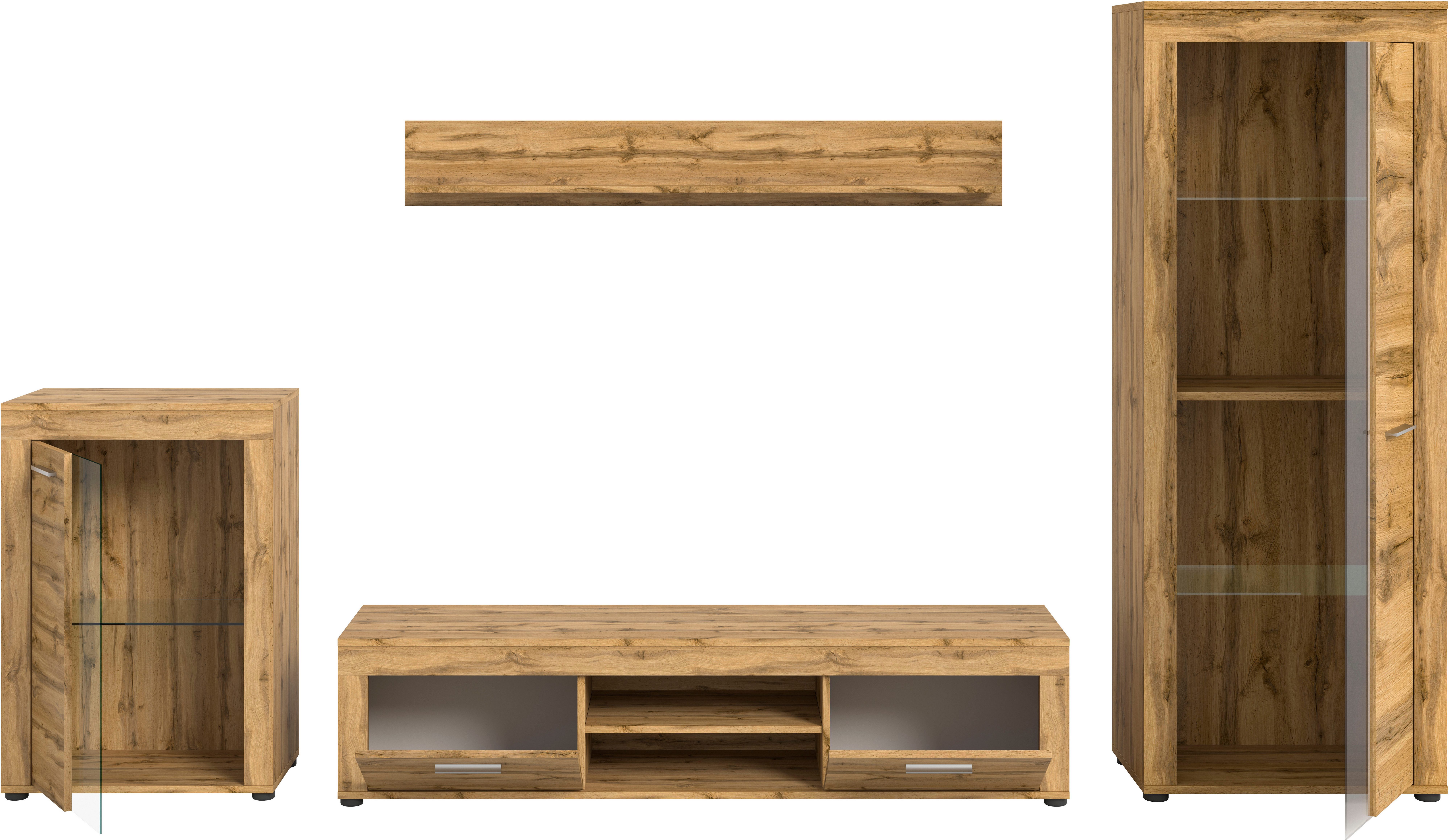 INOSIGN Wandmeubel Aosta, 4-delig, bestaande uit: vitrinekast, lowboard, wandplank & hoge vitrinekast (4 stuks)
