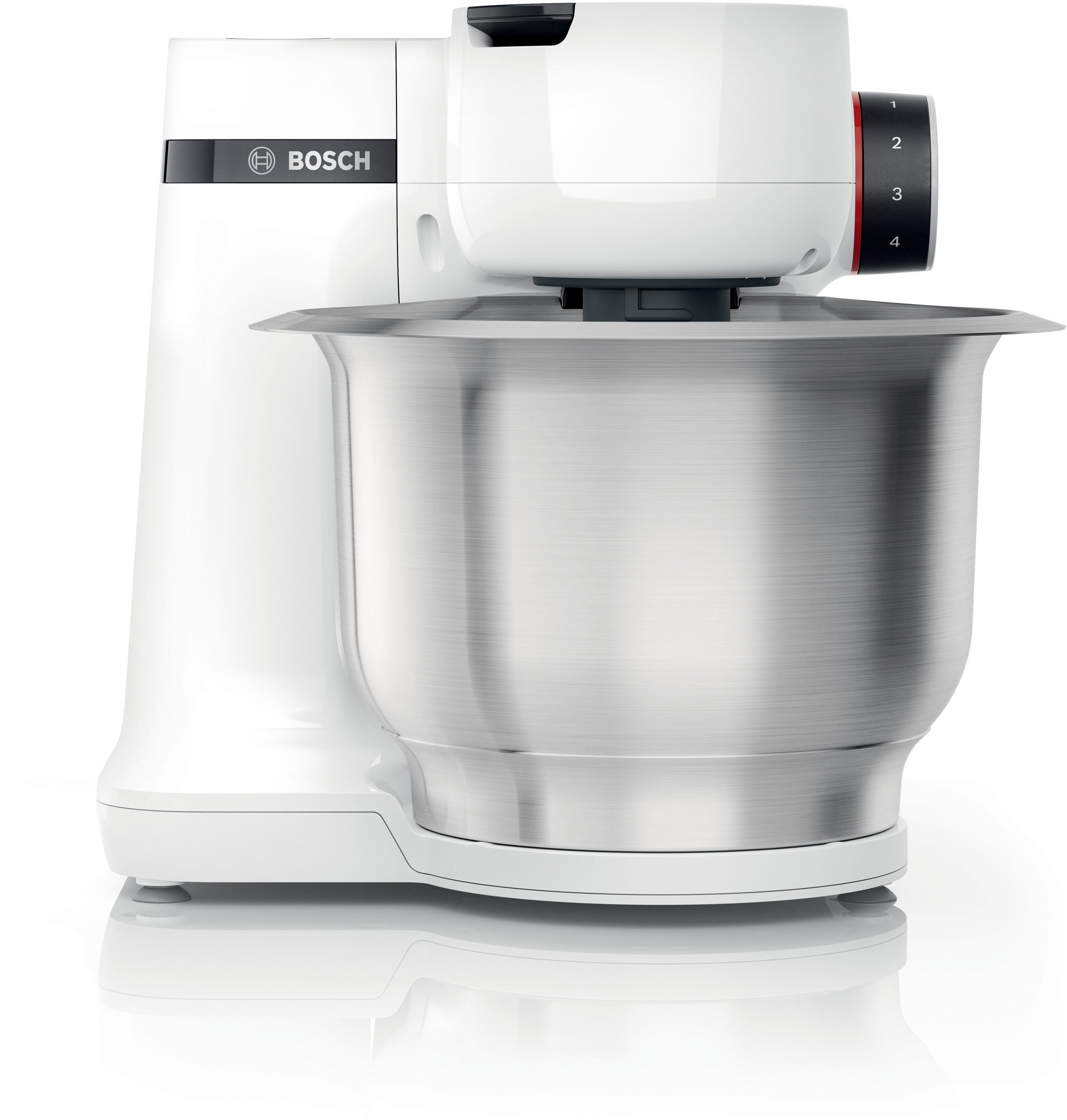 BOSCH Keukenmachine Serie 2 MUMSAW01, kunststof kom, doorloopsnijder, wit 4 schijven, kneedhaken/meng-/klopgarde, roestvrij staal vaatwasmachinebestendig