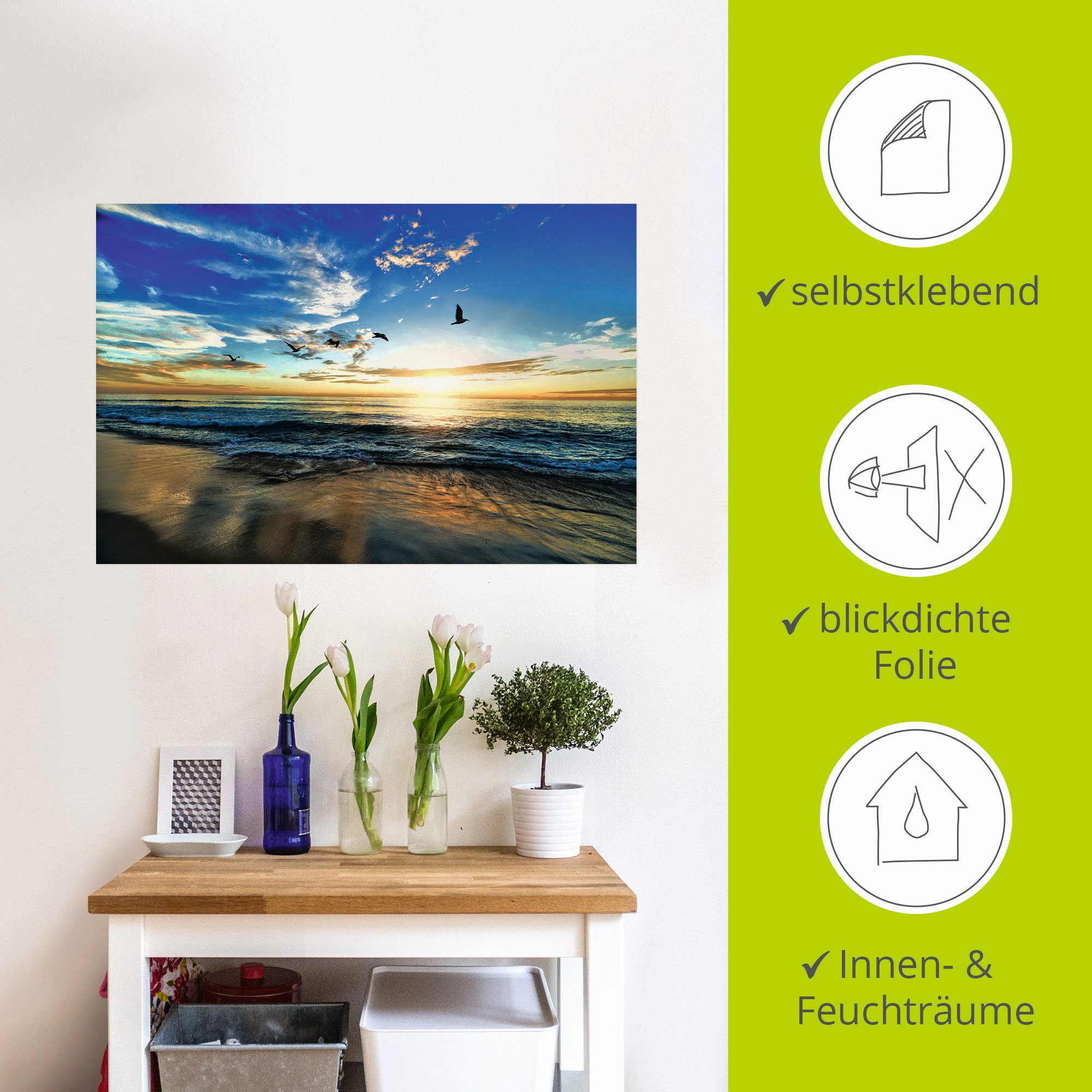Artland Artprint Strand meeuwen zee zonsondergang als artprint van aluminium, artprint voor buiten, artprint op linnen, poster, muursticker