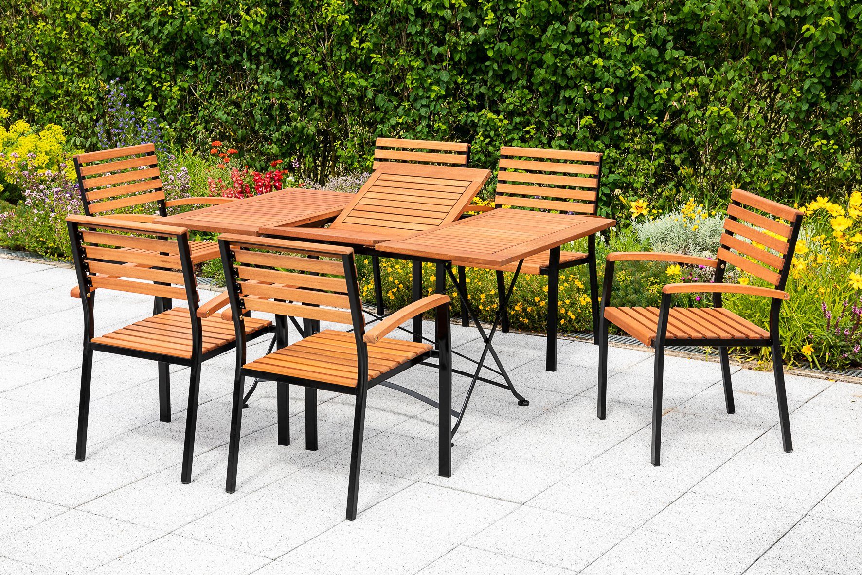 MERXX Tuin-eethoek Kasteeltuin 6 stapelstoelen, inklapbare uittrektafel (7-delig) tuinsets bruin