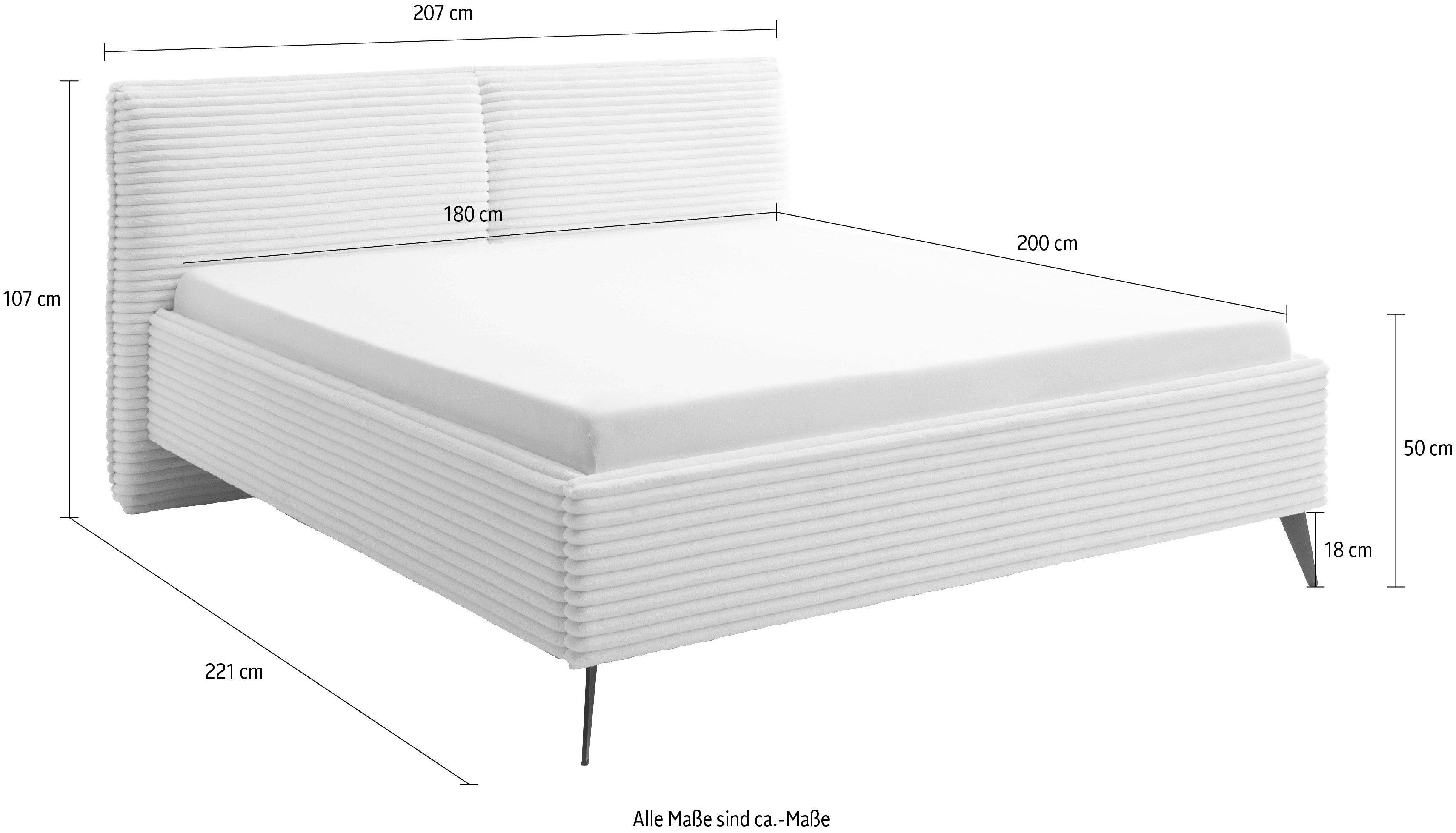 meise.möbel Gestoffeerd bed Matera in breedribcord, met zwarte metalen voet, naar keuze met bedkist