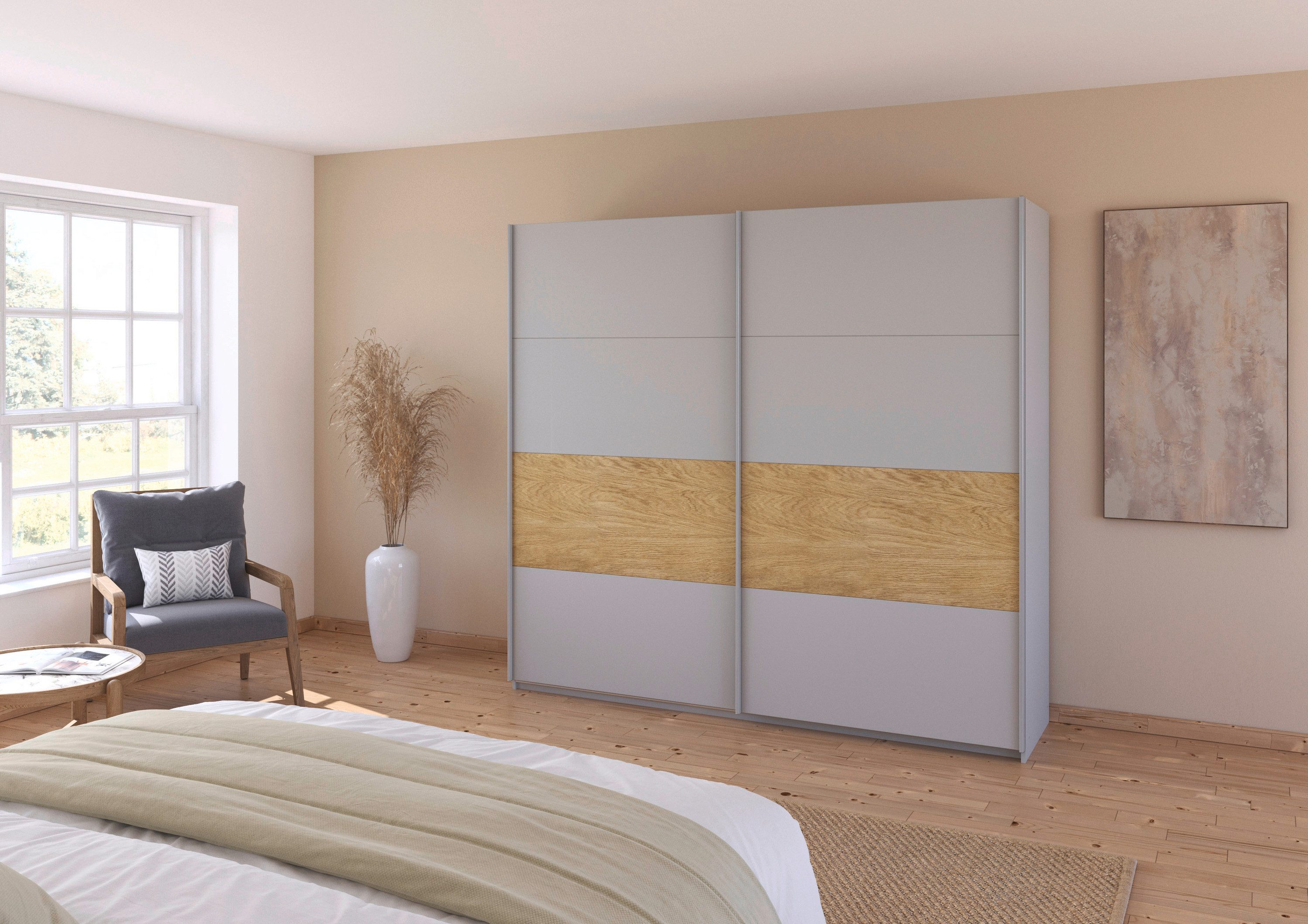 rauch Schuifdeurkast Kledingkast Kast Garderobe Slaapkamerkast MALVA Buikband afgewerkt in geborsteld eikenfineer MADE IN GERMANY