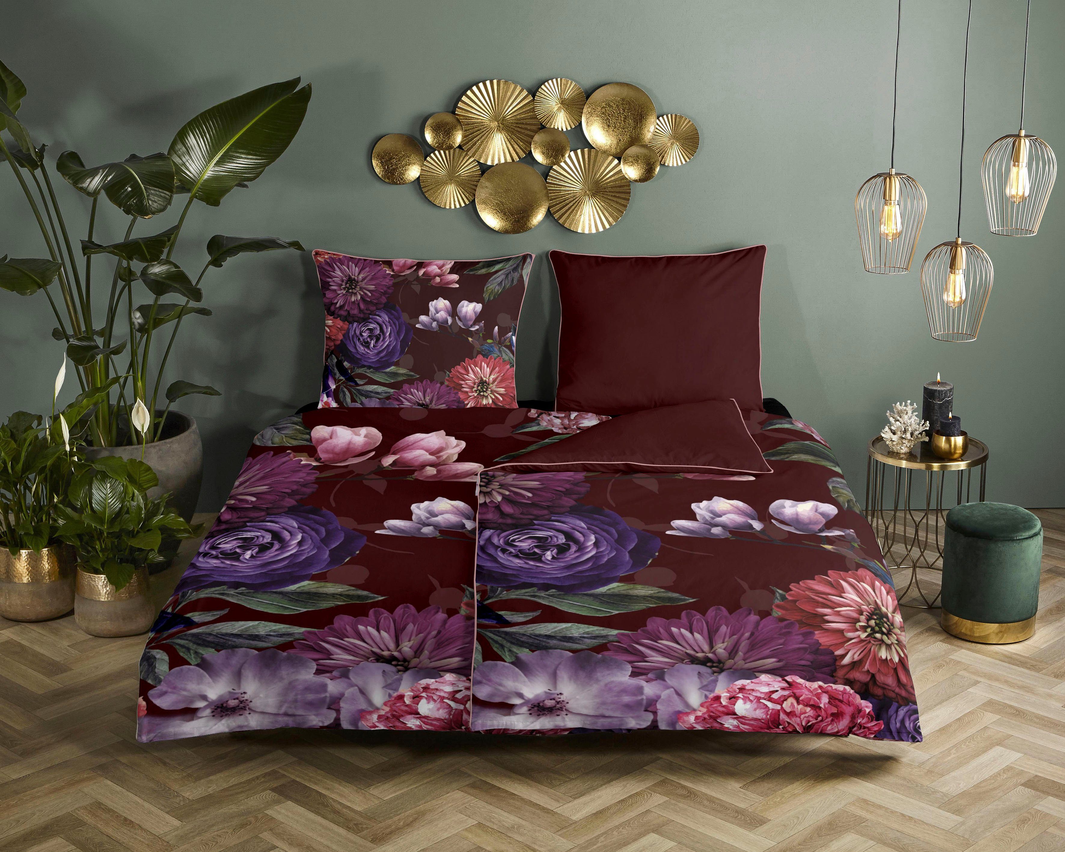 Descanso Tweezijdig te gebruiken overtrekset Bloomie Katoen, Satijn, 135x200, Bies, Rits, Omkeerbaar, Bloemen dekbedovertrekken rood