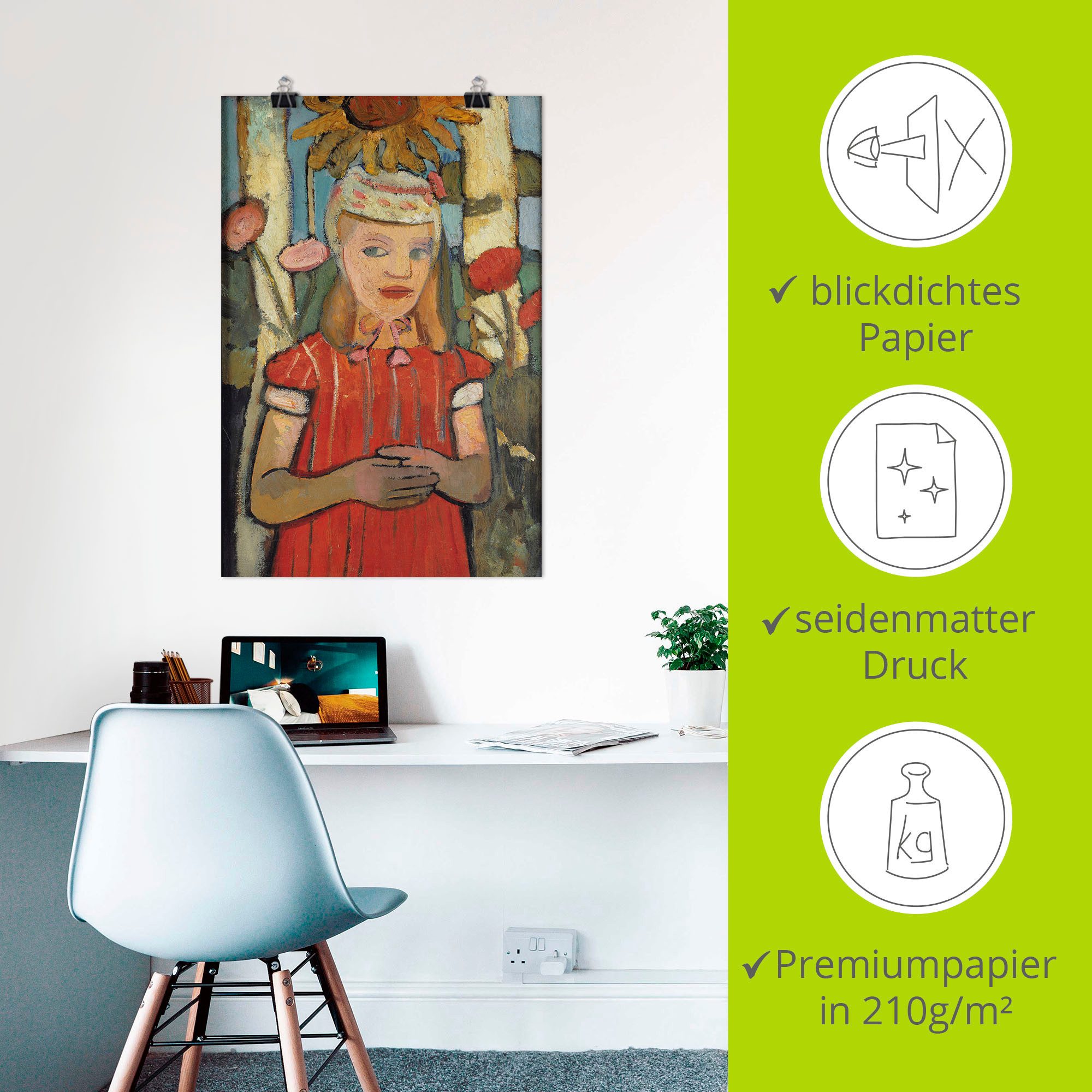 Artland Artprint Meisje in rode jurk voor zonnebloem. als artprint van aluminium, artprint op linnen, muursticker of poster in verschillende maten