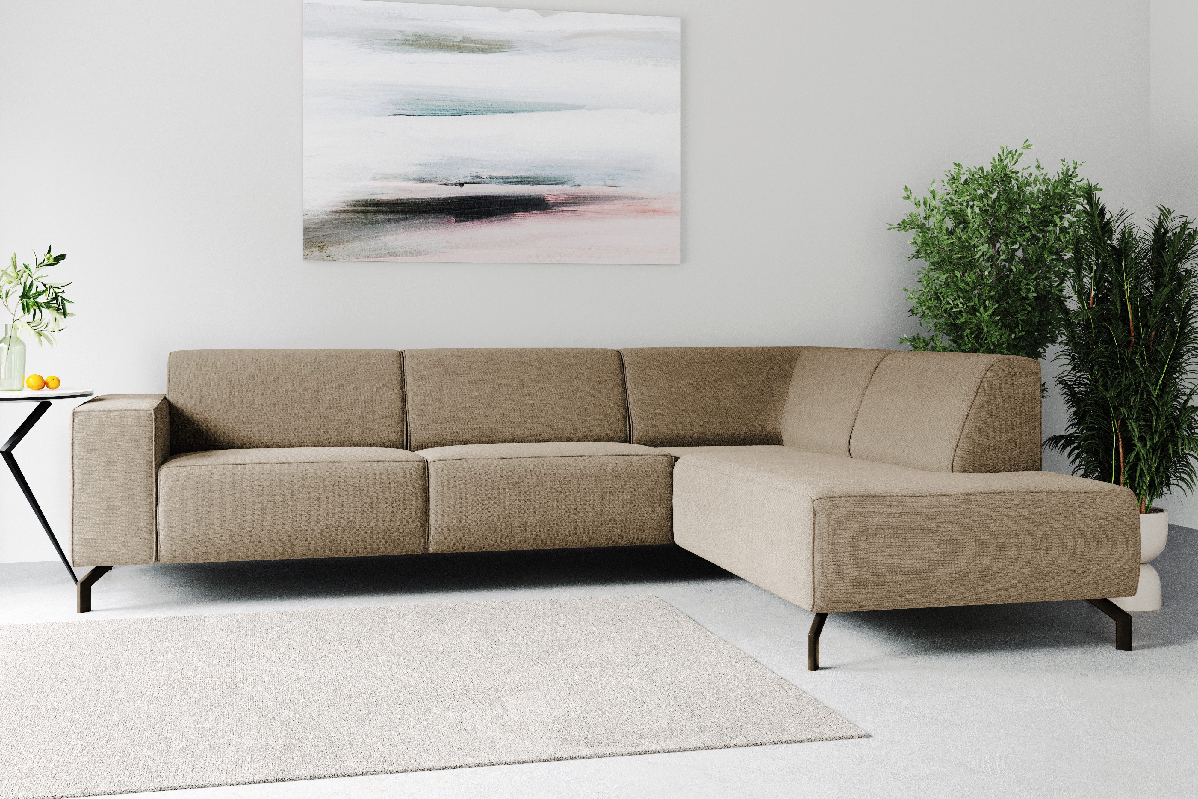 Places of Style Hoekbank Lorcan, breedte 275 cm, zacht zitgevoel met zwarte metalen poten, lederlook en zachte structuurstof