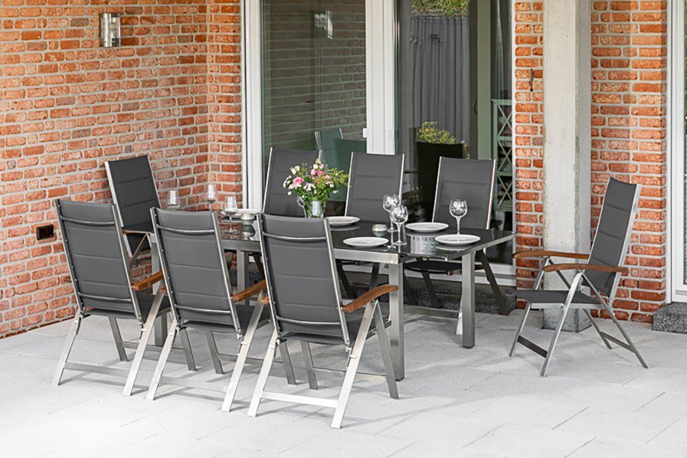 MERXX Tuin-eethoek Ferrara 8 klapstoelen, uittrekbare tafel (9-delig) tuinsets bruin