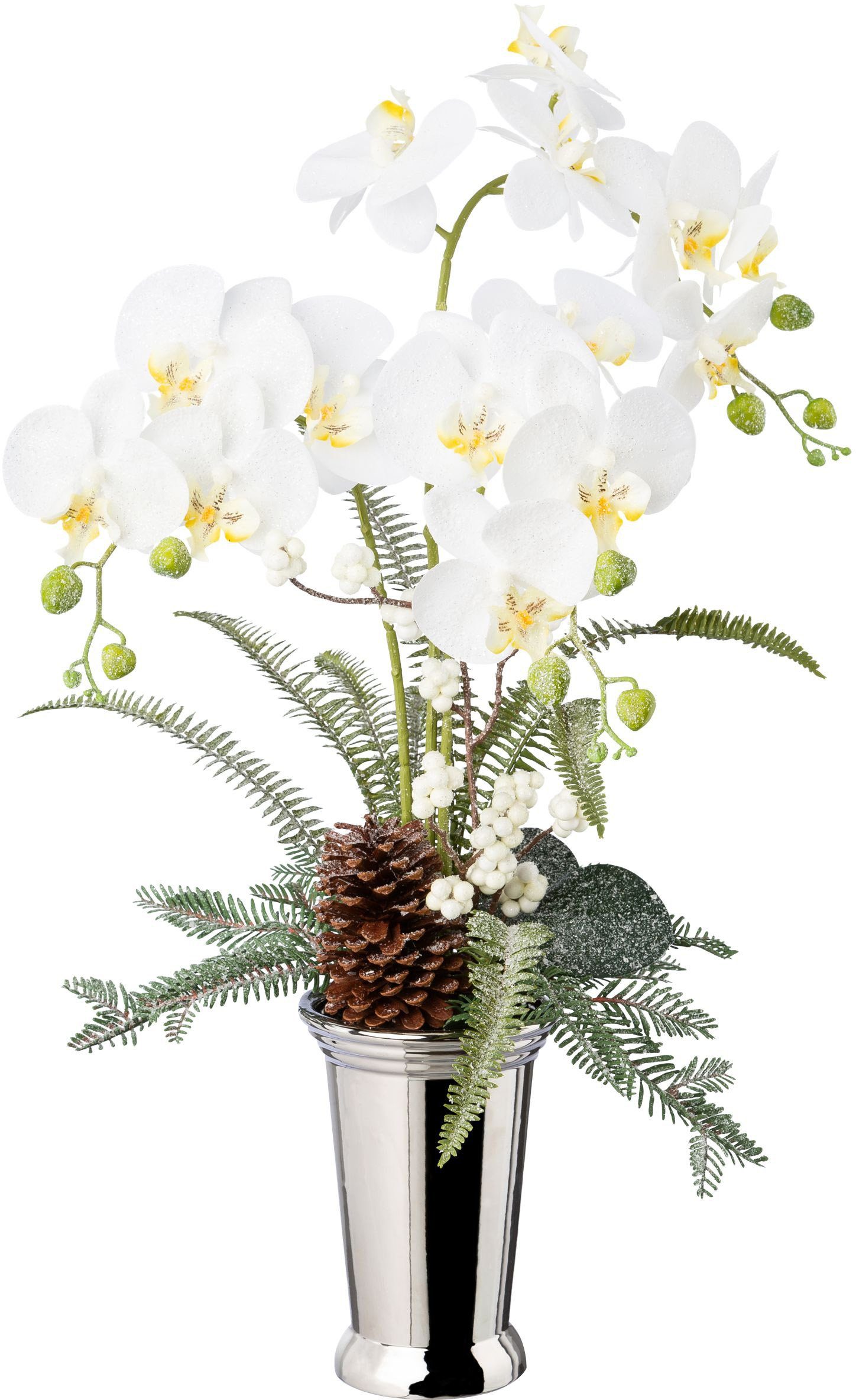 Creativ green Winterse kunstplant Kerst versiering Arrangement in keramische vaas, versierd met kegels, bessen en varen takken (1 stuk) kunstplanten
