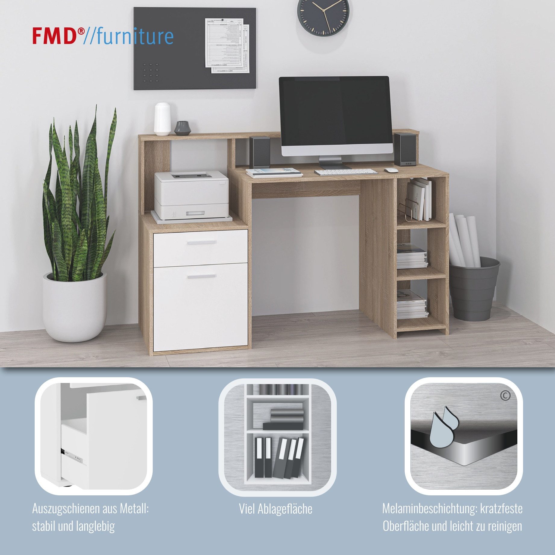 FMD Bureau met kast Bolton Bureau met opbergruimte en plank, open vakken, 138,5 cm breed