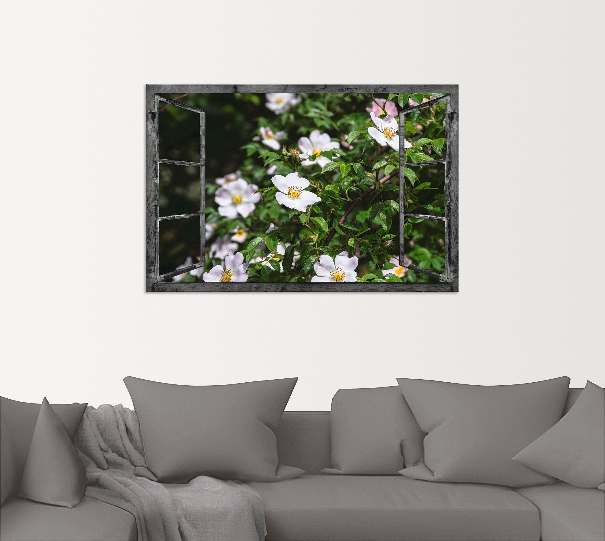 Artland Artprint op linnen Blik uit het venster - wilde rozen