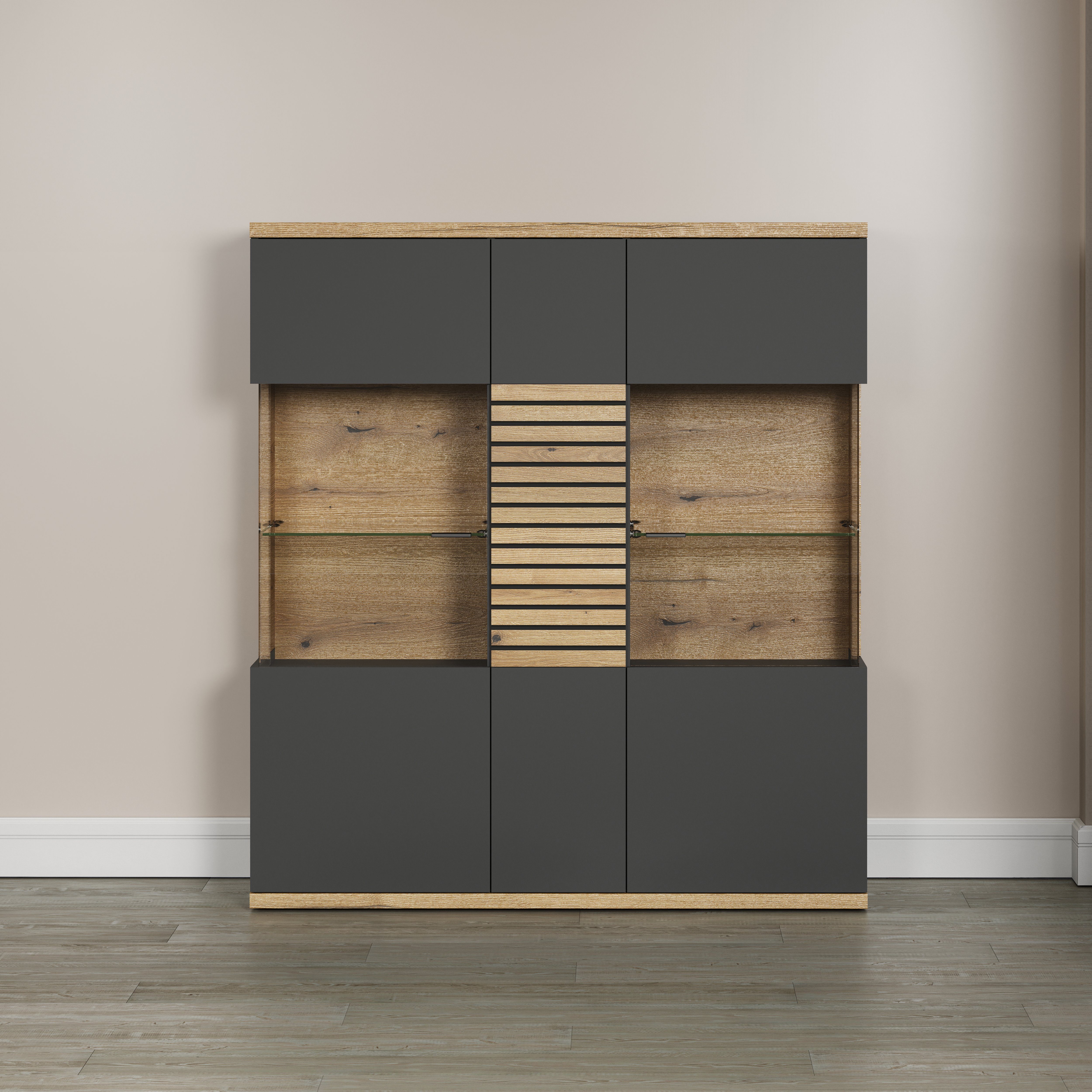 INOSIGN Highboard GALWAY Brede woonkamer vitrinekast in trendy ribbellook - Soft-Close