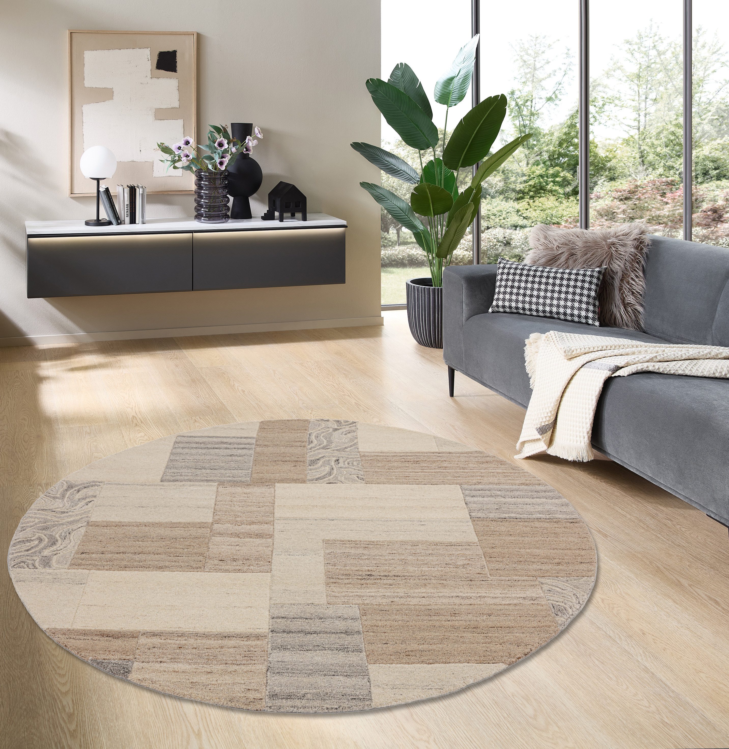 THEKO Wollen kleed Lola, wol, handgemaakt, patchwork ontwerp handgetuft, woonkamer, slaapkamer, eetkamer