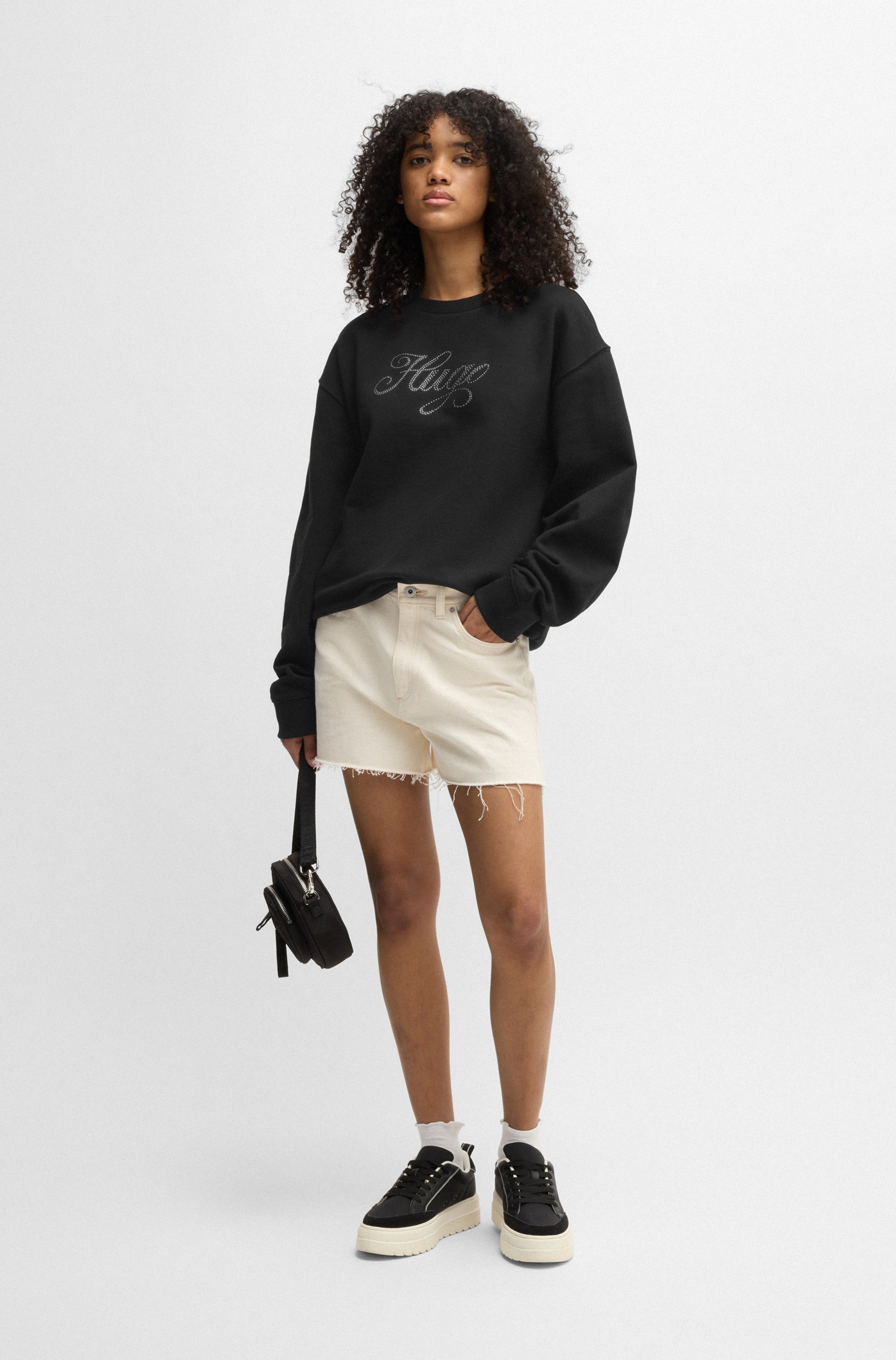 HUGO Blue Sweatshirt Oversized crew met bloemenprint op de achterkant, straß logo print