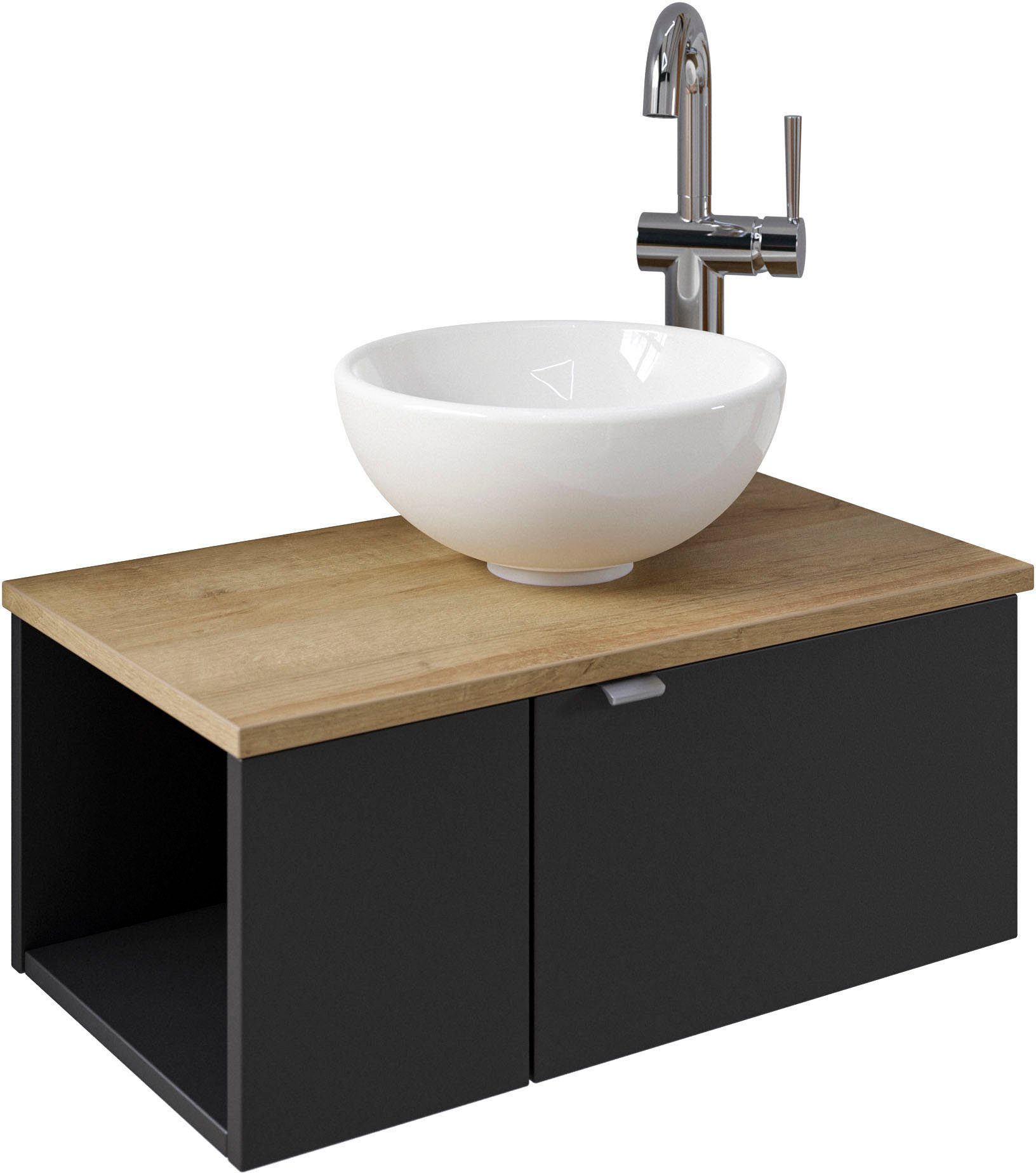 Saphir Wastafelonderkast Serie 6915 wastafel met onderkast voor gastenbadkamer, tweede toilet (3-delig) wastafelmeubels zwart
