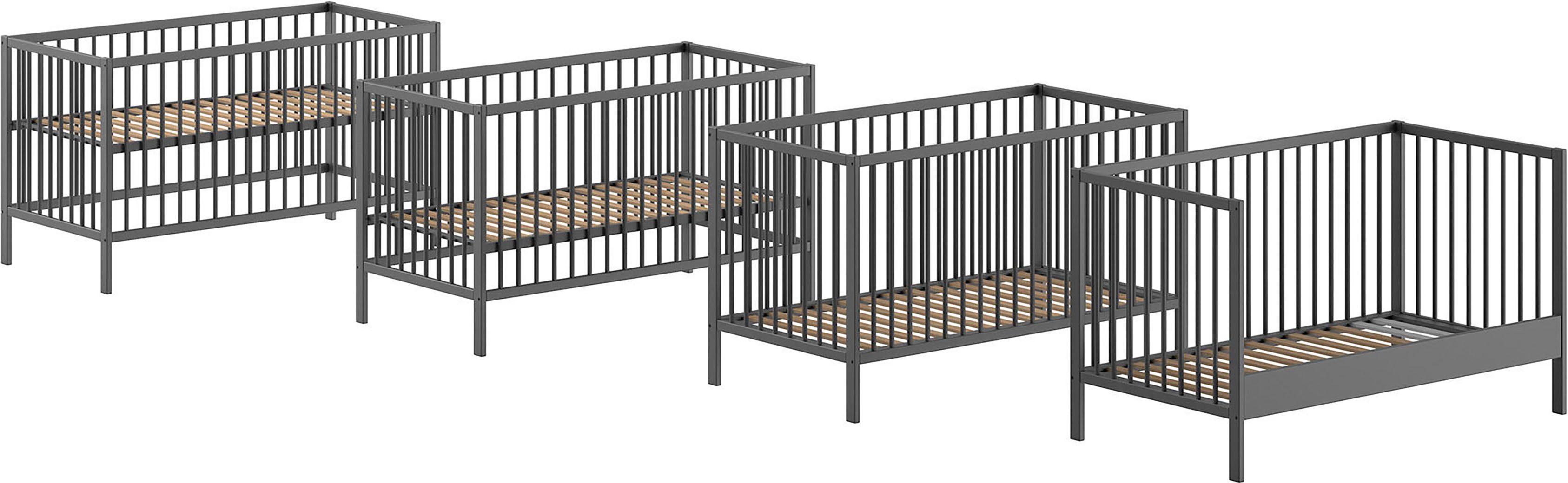 Vipack Ledikantje Dino 70/140 met 3-voudig verstelbare lattenbodem, inclusief 3 instaplatten van massief beukenhout, ombouwbaar tot juniorbed,