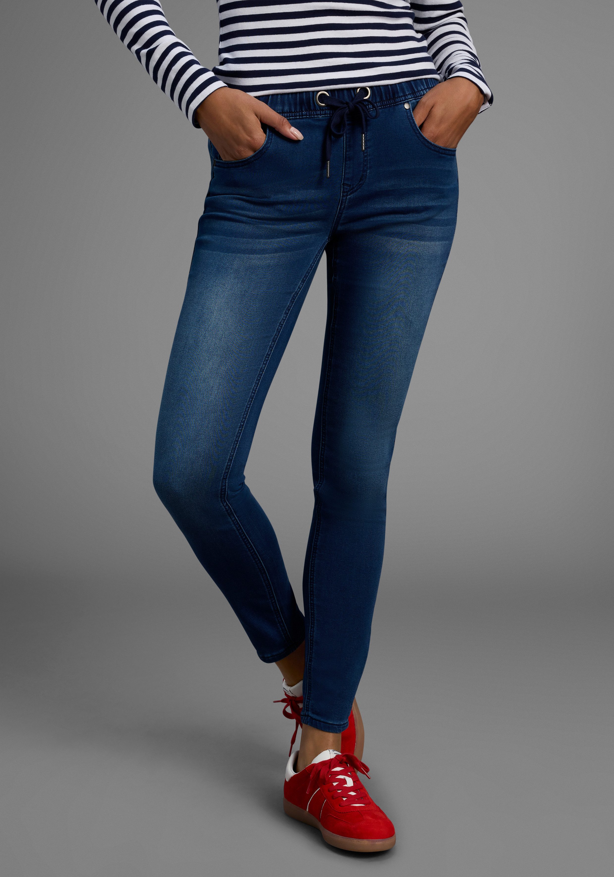 Arizona Stretch jeans wijdere pijp, normale taillehoogte, enkel-lang, met used-wassing dames stretch jeans maat 38 blauw