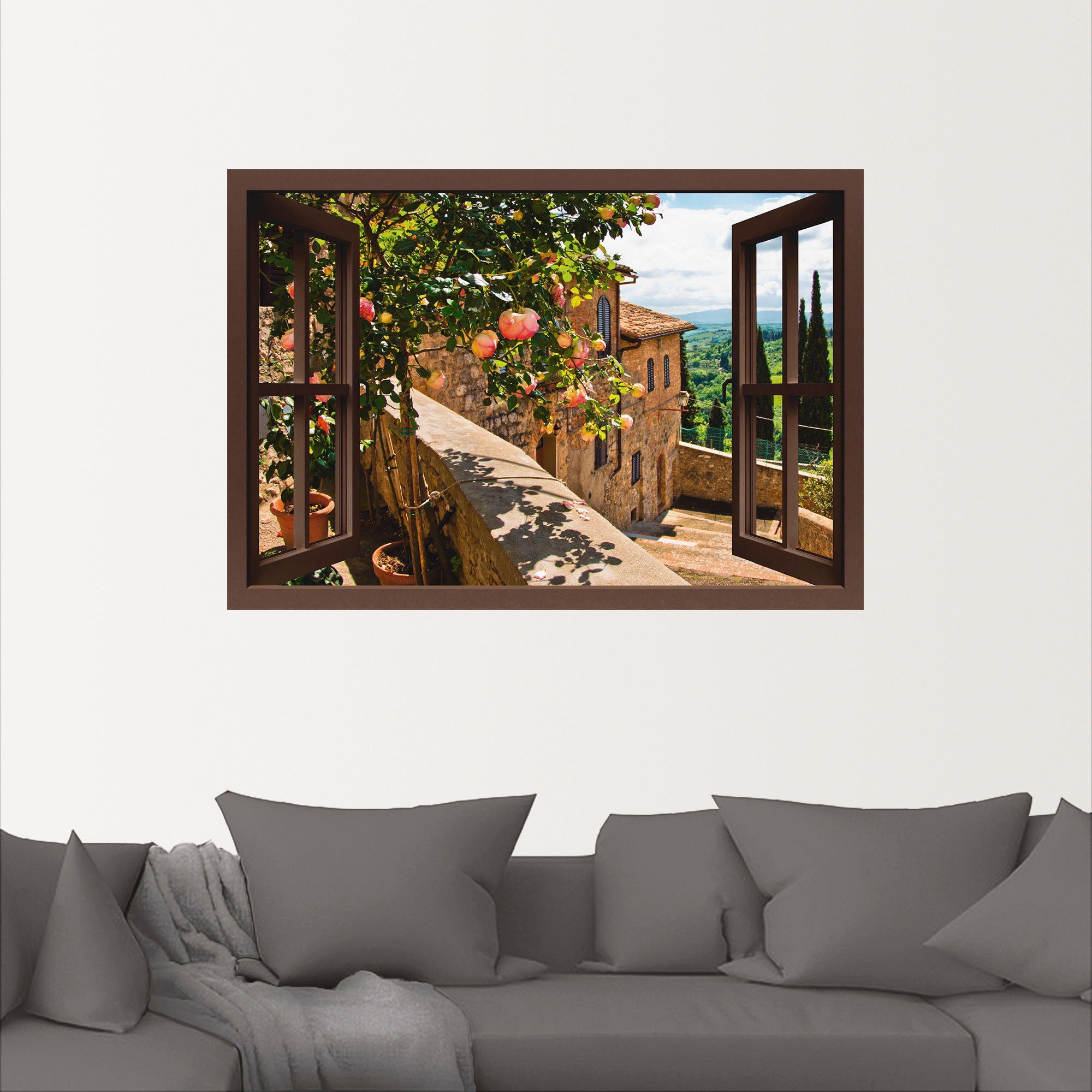 Artland Artprint Blik uit het venster rozen op balkon Toscane als artprint van aluminium, artprint voor buiten, artprint op linnen, poster, muursticker