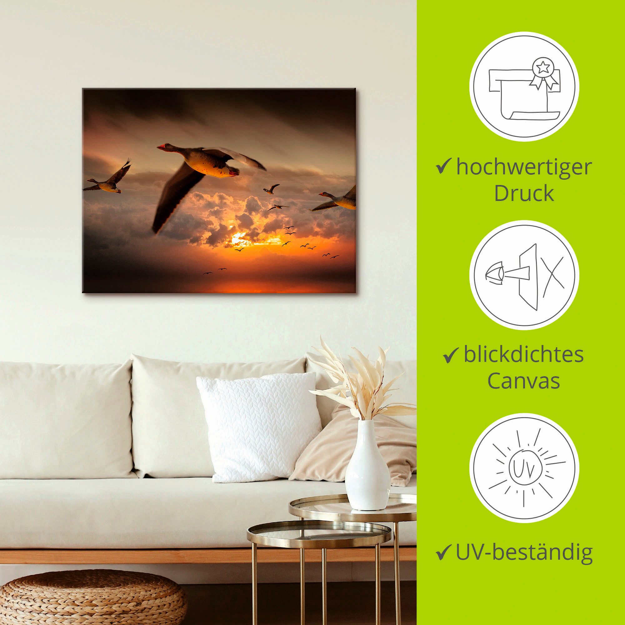 Artland Artprint De vlucht van de wilde ganzen... als artprint op linnen, muursticker in verschillende maten