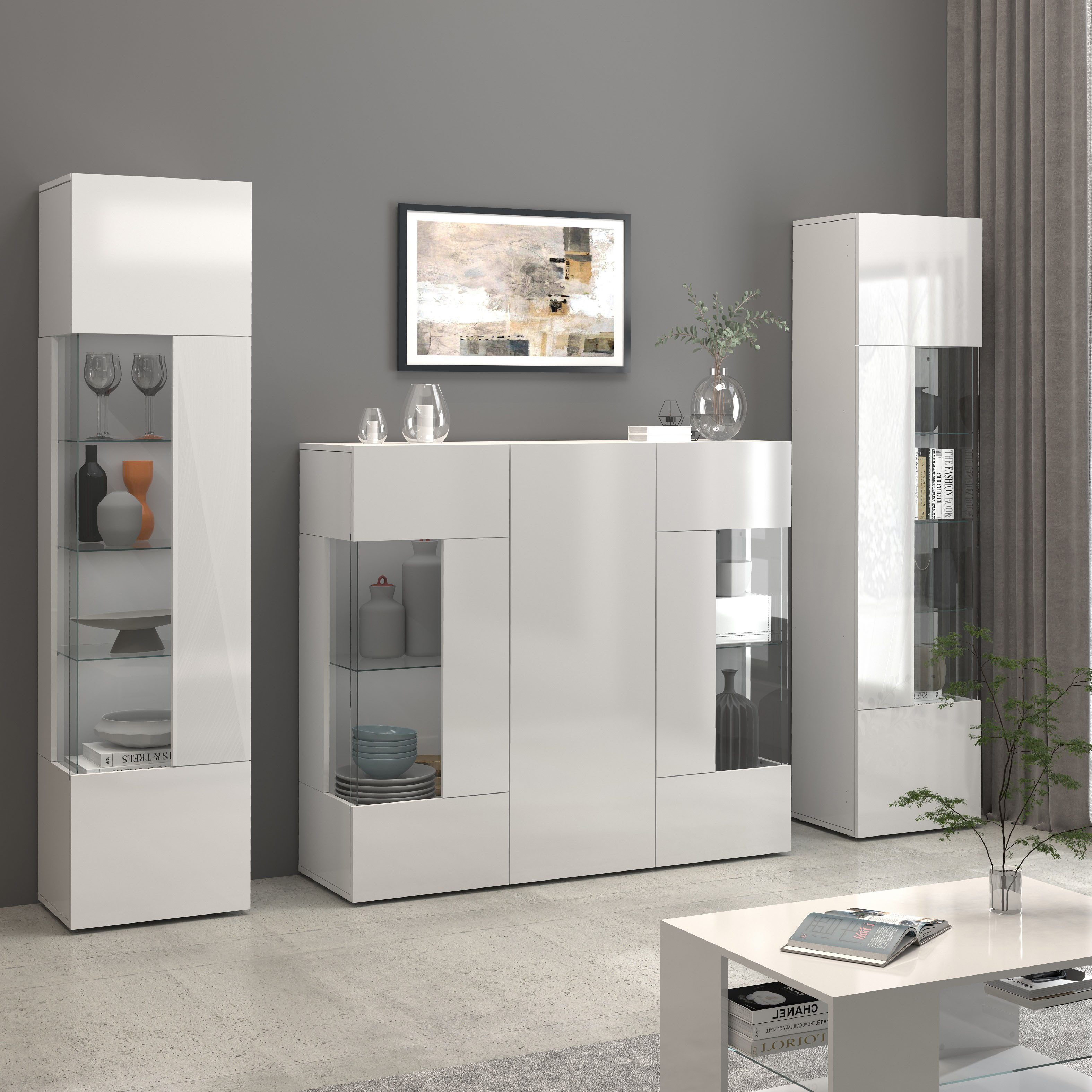 INOSIGN Highboard Egypte, Highboard, Hoge kast, Hoge ladekast, Vitrine met 3 deuren waarvan 2 met glaselement, volledig hoogglans gelakt, breedte 135