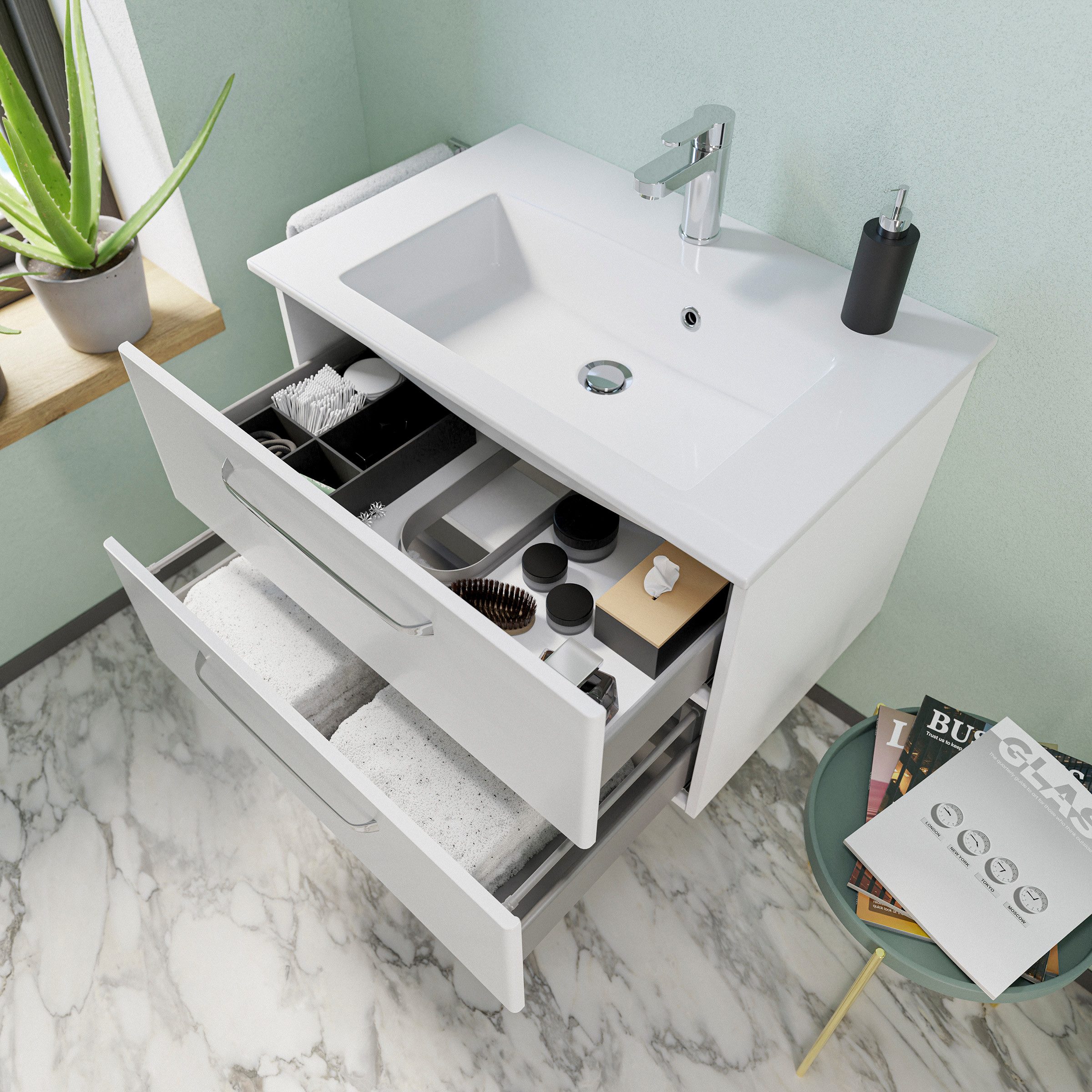 Saphir Badmeubelset Trentino 2-delig mineralen marmer wasbak met LED spiegelkast Badkamermeubel-set 77cm breed, incl. deurdemper, 3 deuren, 2 lades (3 stuks)