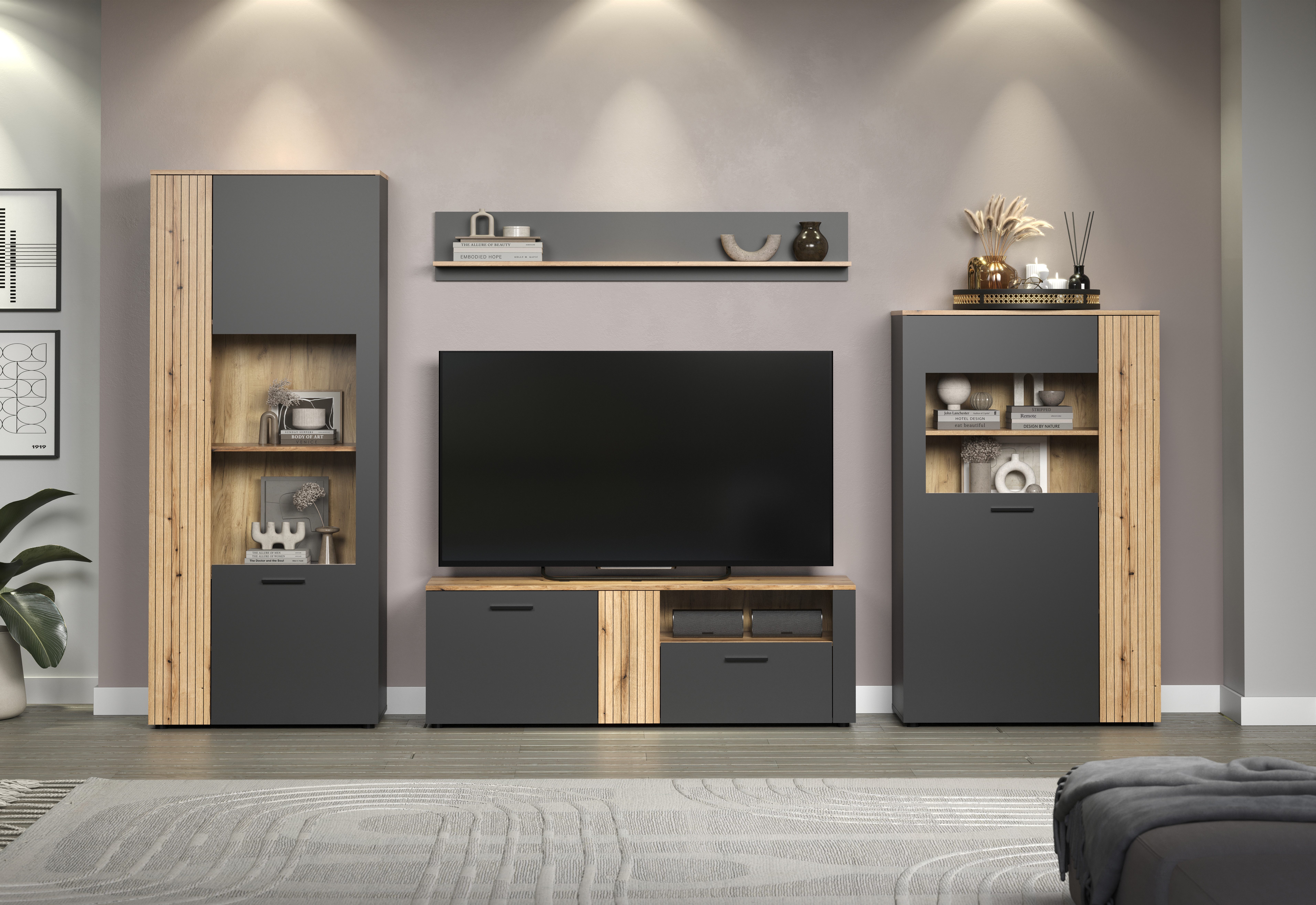 INOSIGN Wandmeubel Estepona Woonkamermeubilair met groevenlook - (B/D/H): 340/42/195 cm (complete set, 4-delig)