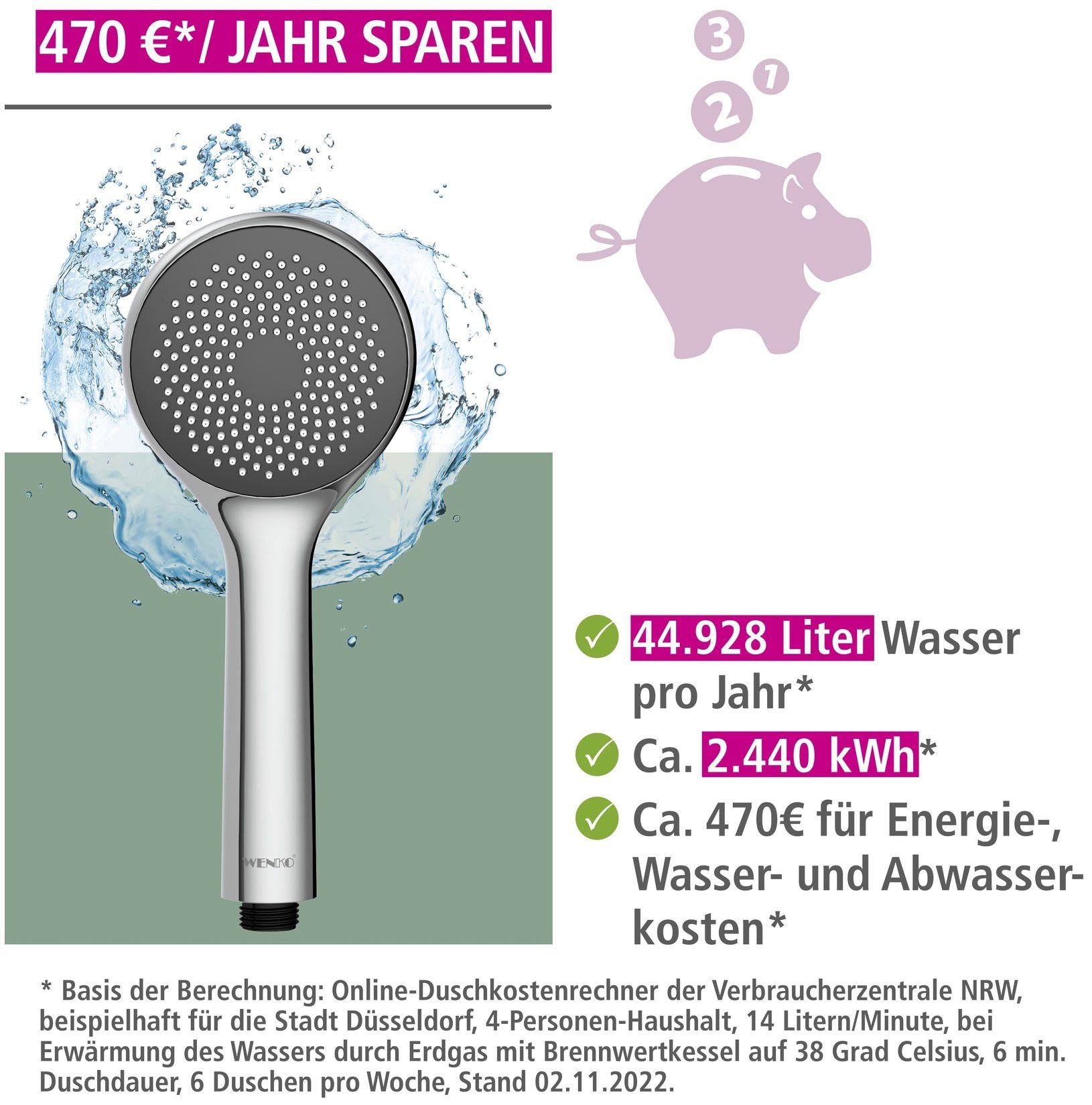 WENKO Handsproeier Watersaving systeem Douchekop Watersaving, diameter 9,6 cm