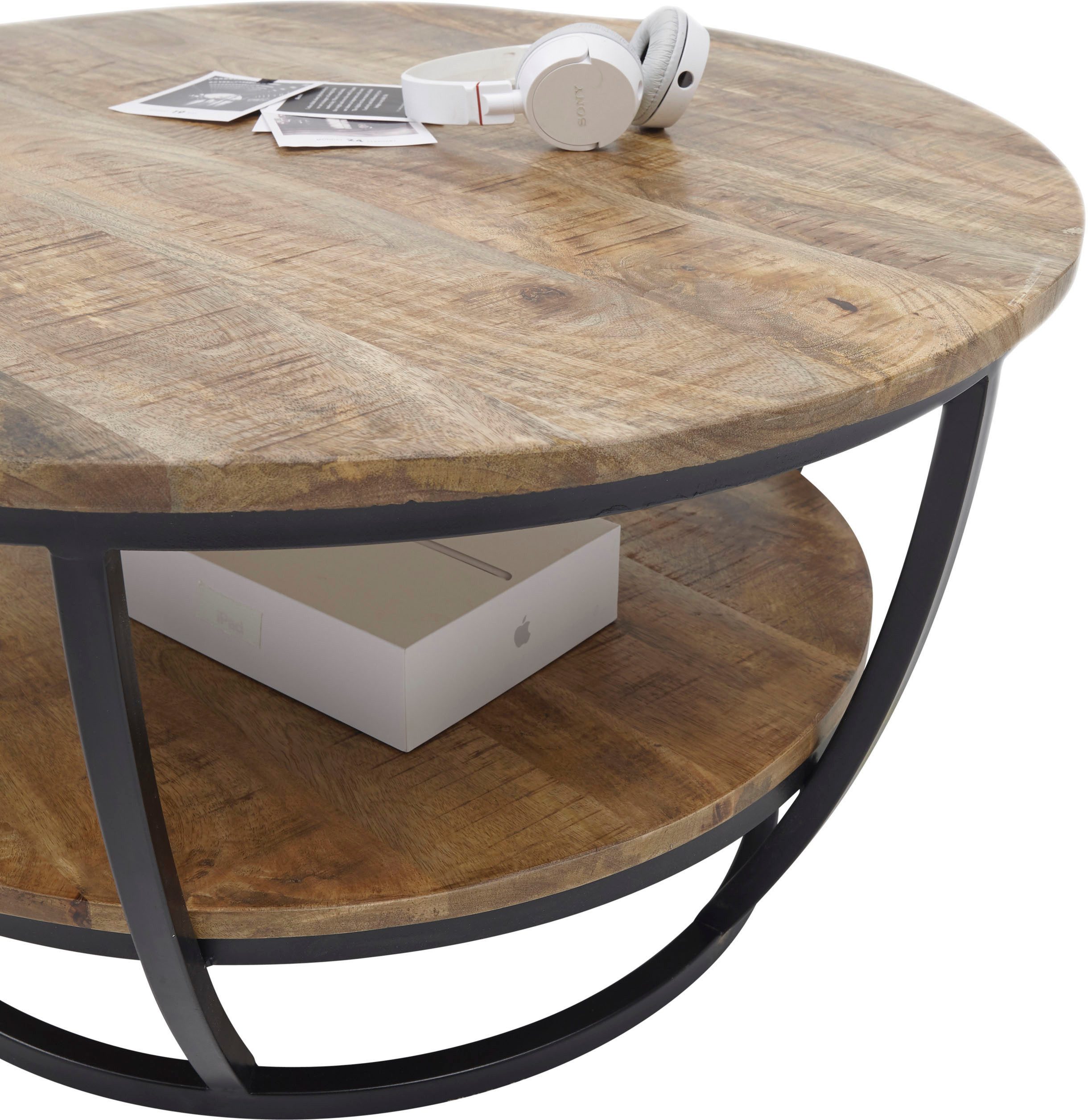 Stolkom Salontafel Jambi, TOPSELLER! rond massief hout met plank