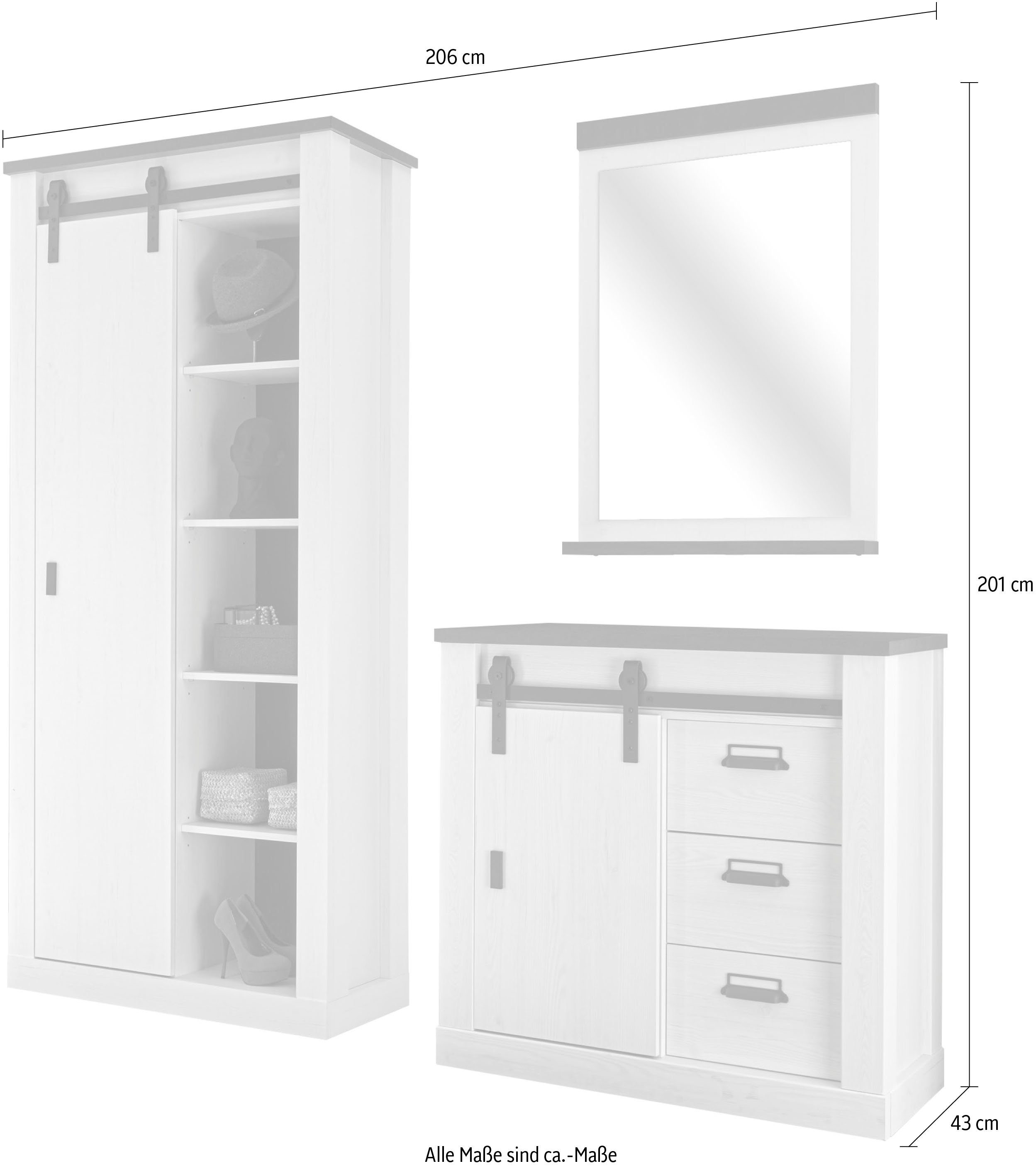 Home affaire Halmeubelset Sherwood met schuurdeurbeslag, apothekersgrepen van metaal (3-delig)