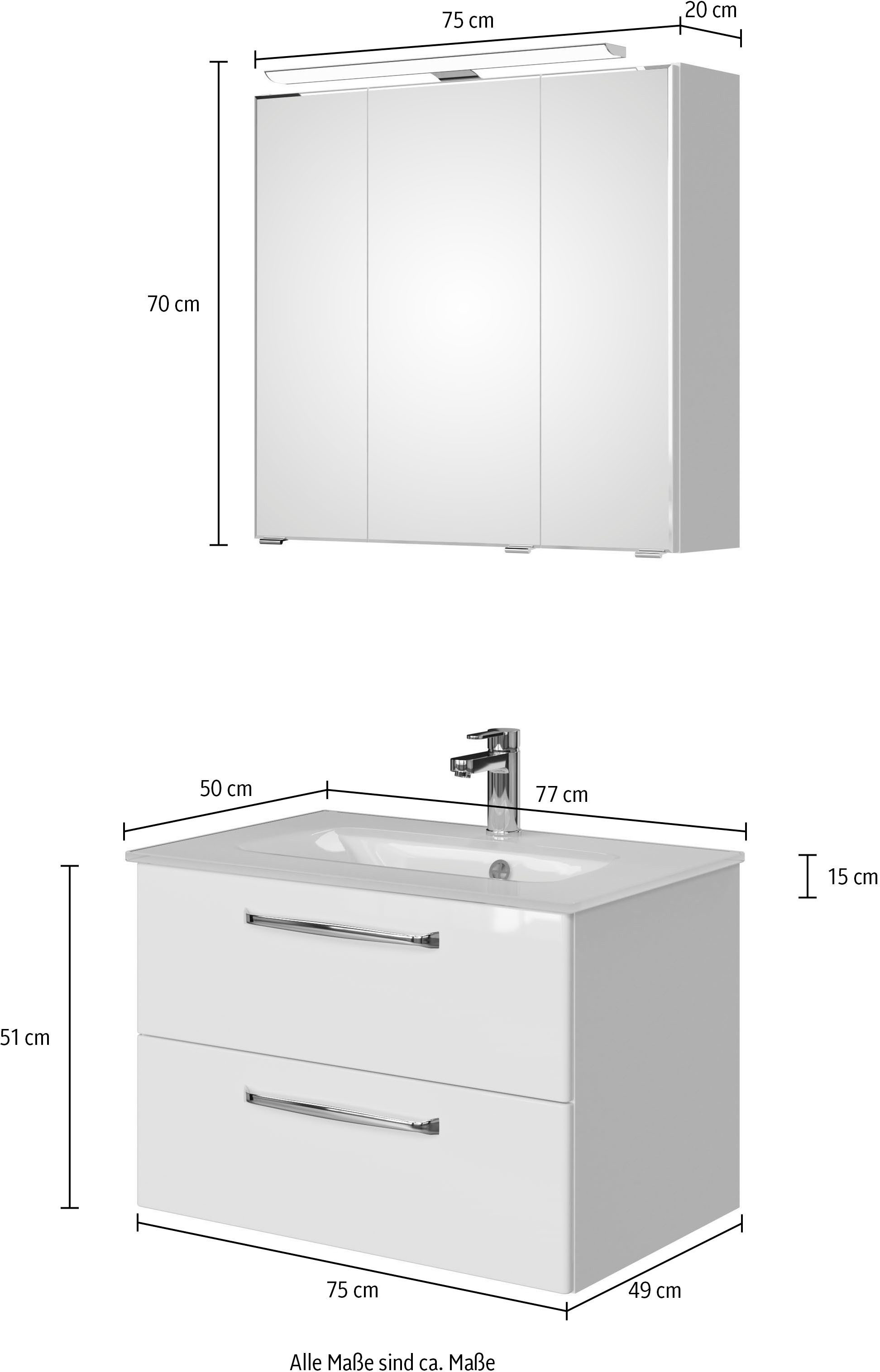 Saphir Badmeubelset Trentino 2-delig glazen wastafel, spiegelkast met LED-verlichting Badkamermeubel-set 77cm breed, incl. deurdemper, 3 deuren, 2 lades (3 stuks)