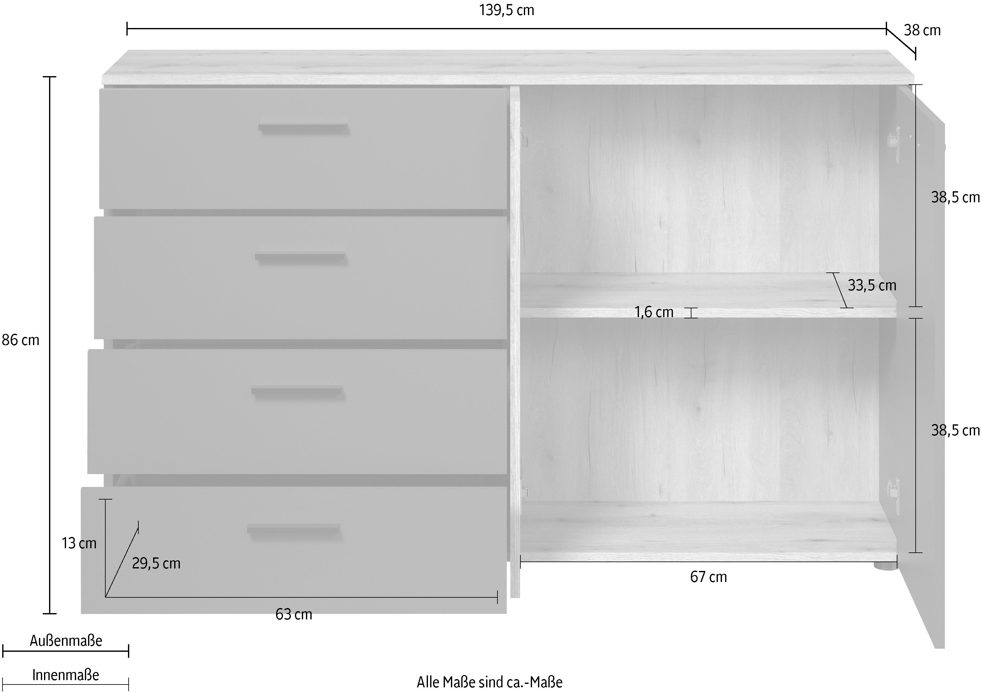 INOSIGN Kast Estepona Sideboard met volledig uittrekbare lades - (B/D/H) 139/38/86 cm (1 stuk)