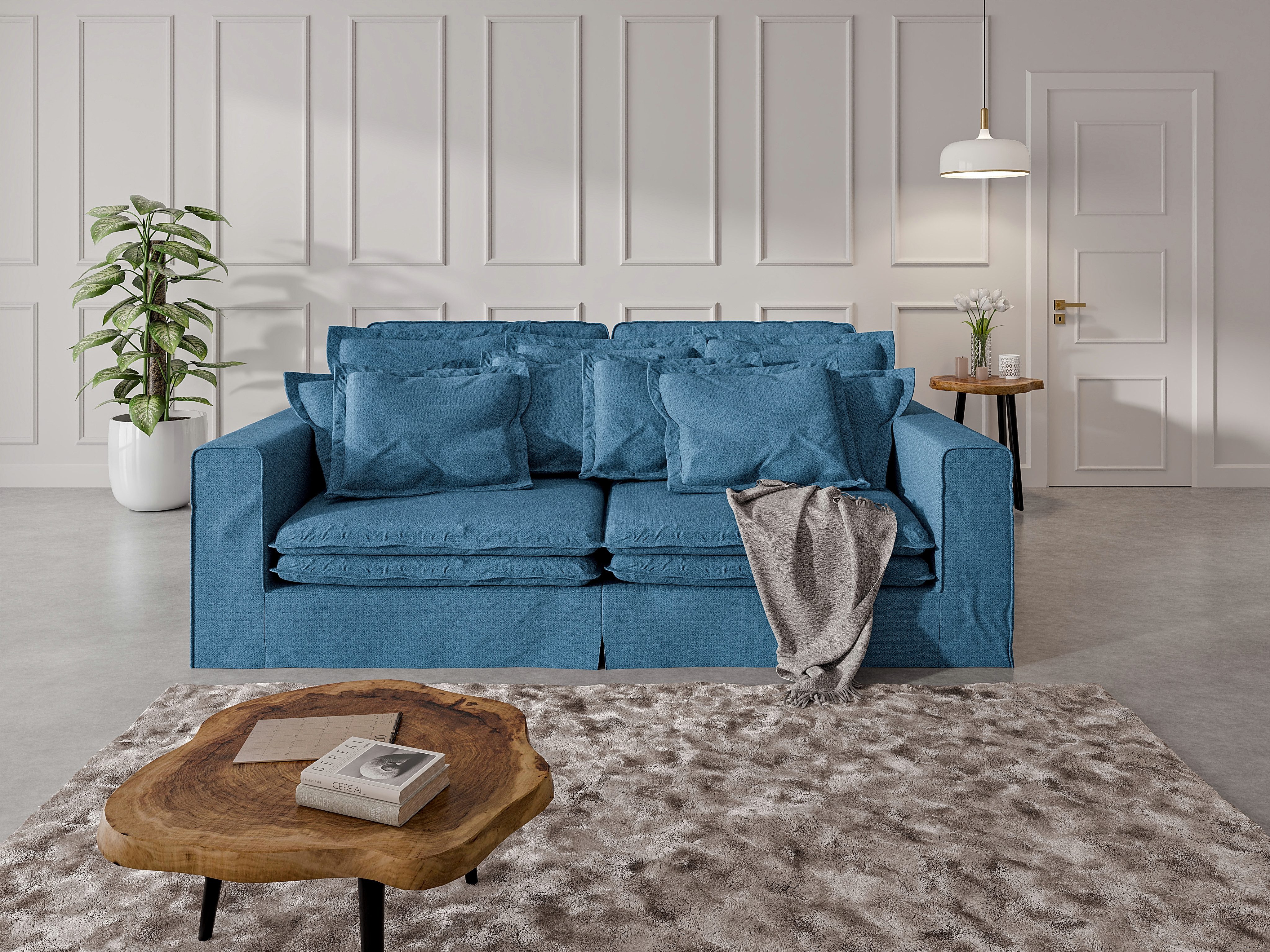 Home affaire 4-zitsbank ALISSAS met veel kussens, biesjes aan de kussens Hoeslook, met kleine zakken aan de zijkant voor opberging blauw, banken, 240