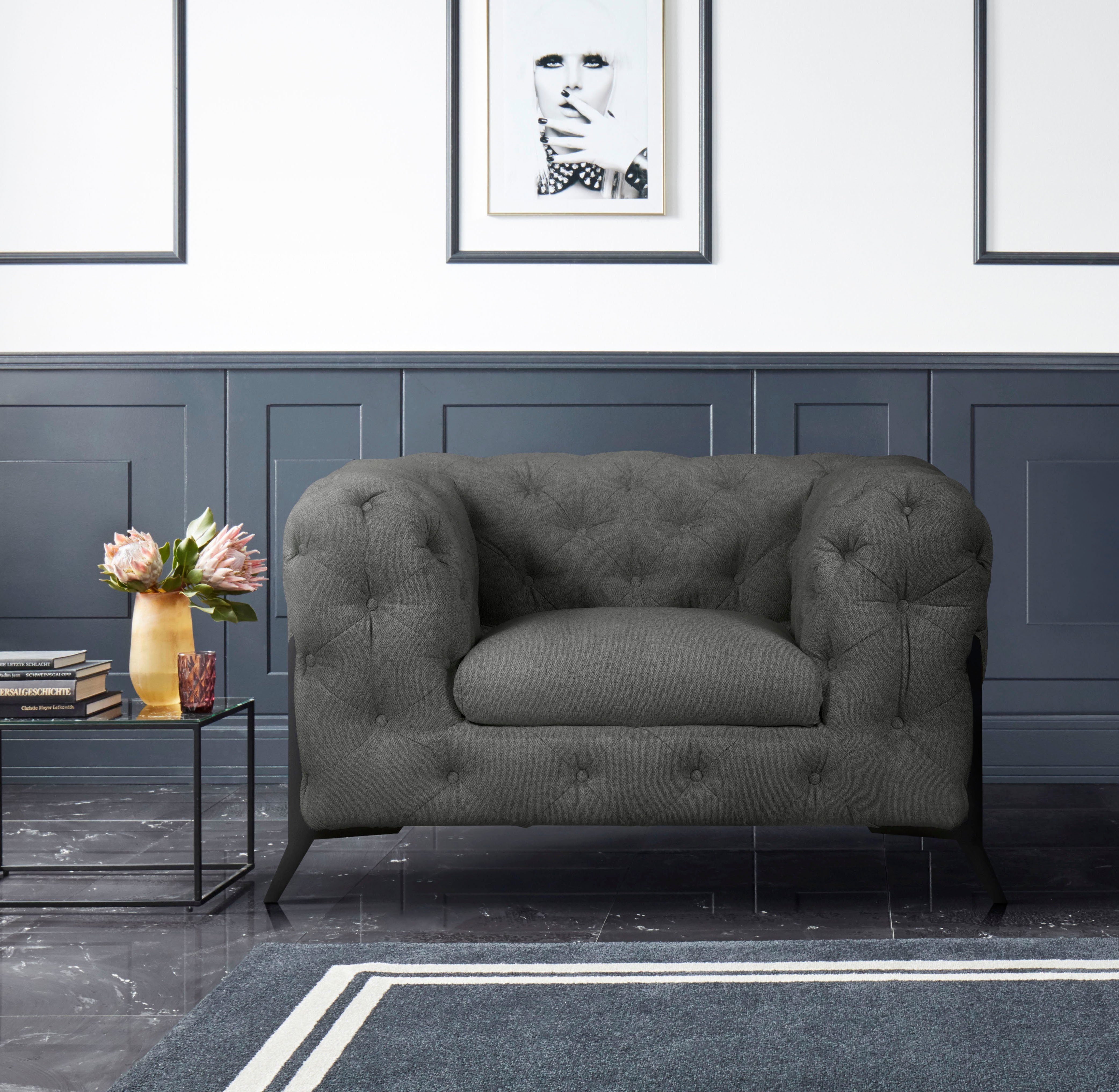 Leonique Chesterfield-fauteuil Amaury Fauteuil luxueuze capitonnage, moderne chesterfield look, kleur van de poten ter keuze