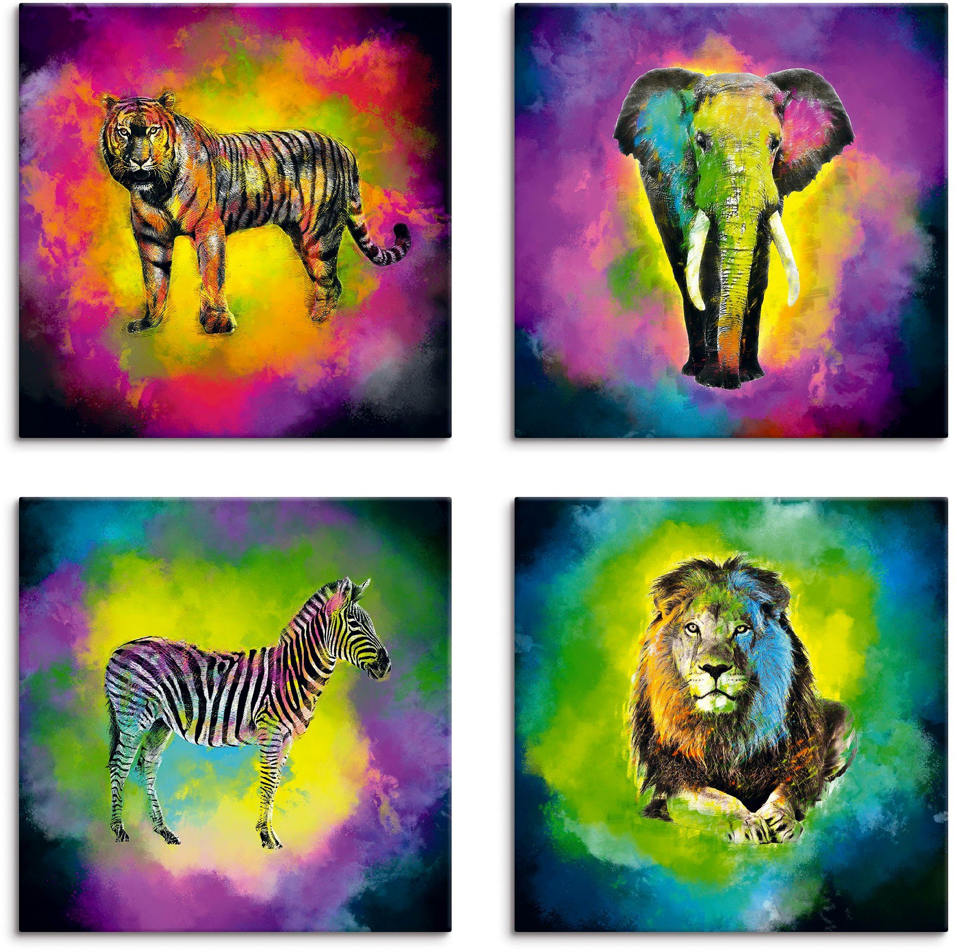 Artland Artprint op linnen Kleurexplosie olifant leeuw zebra tijger (4-delig) foto schilderijen maat 20 cm x 20 cm multicolor
