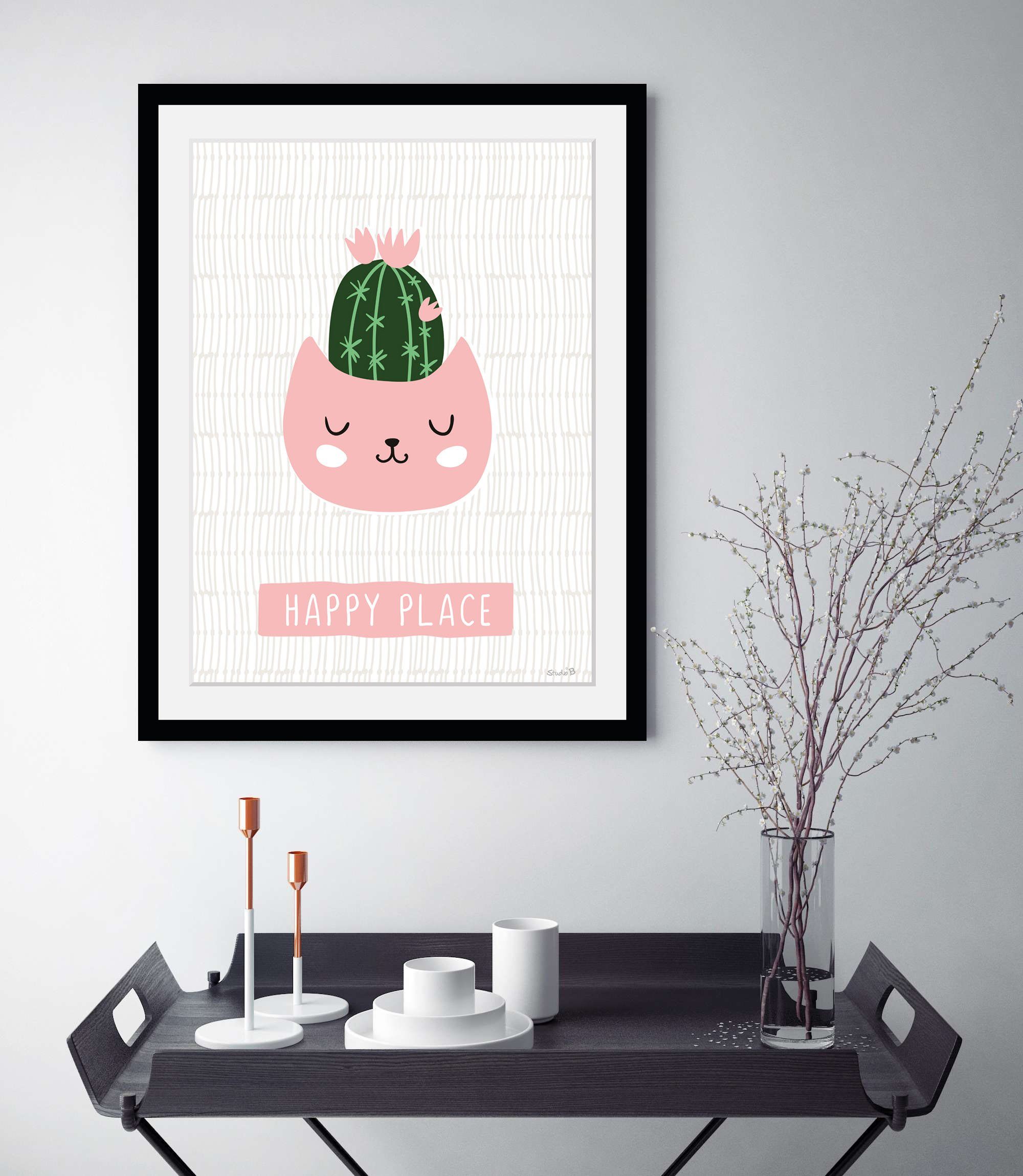 queence Wanddecoratie HAPPY PLACE HD premium posterdruk incl. houten lijst (1 stuk) schilderijen roze