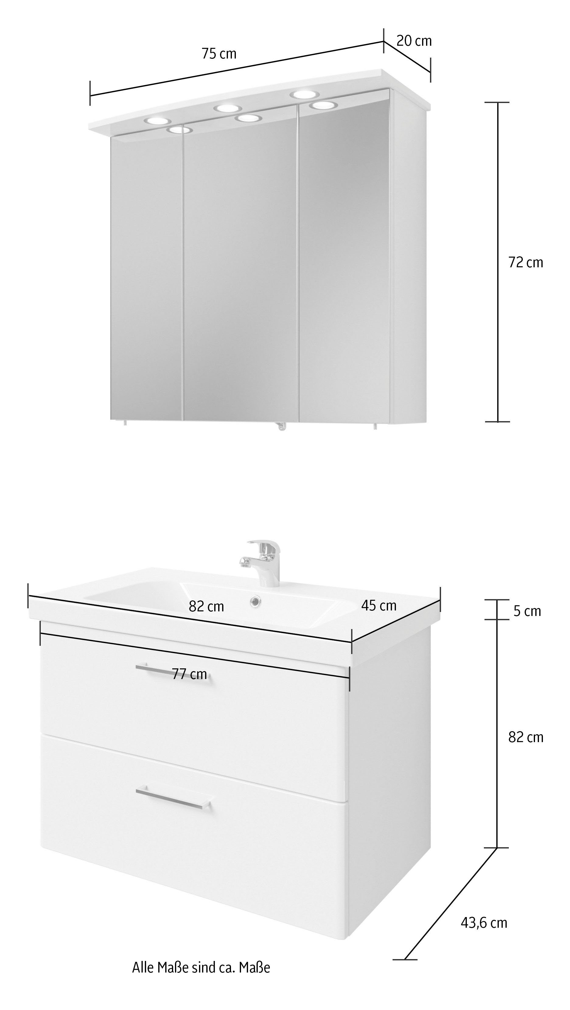 Saphir Badkamerserie Quickset 316 2-delig, keramieken wastafel met led-spiegelkast Wastafel 82 cm breed, 3 deuren, 1 lade, 1 klep, incl. deurdemper (2-delig)