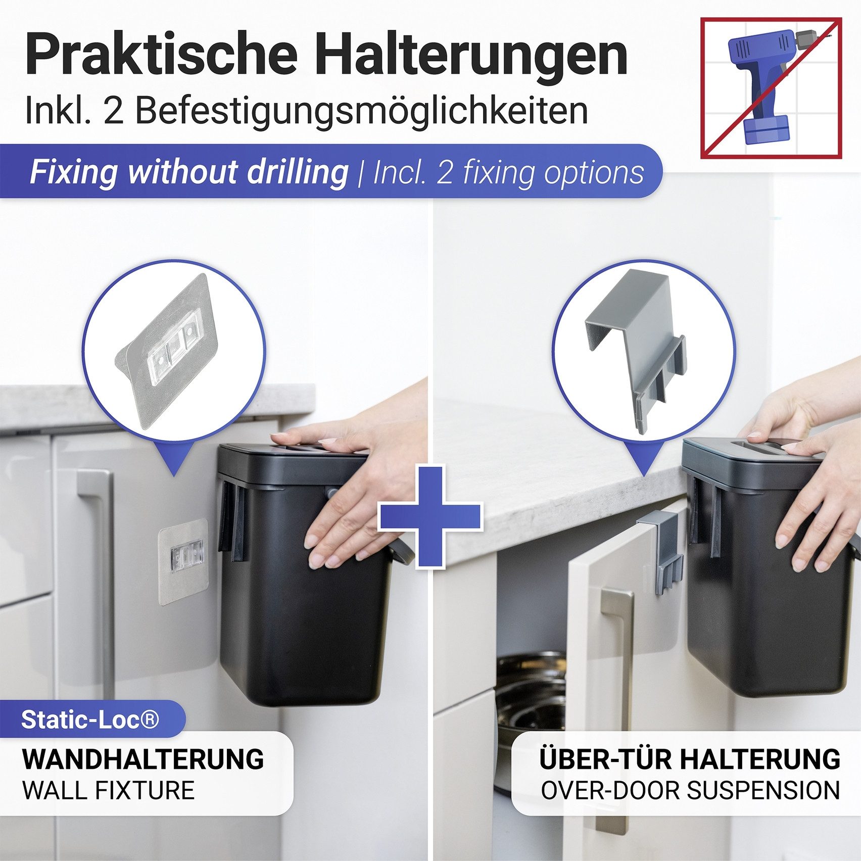 WENKO Vuilnisemmer Tago Afvalemmer voor de keuken om op te hangen, met handgreep, 5 L (1 stuk)