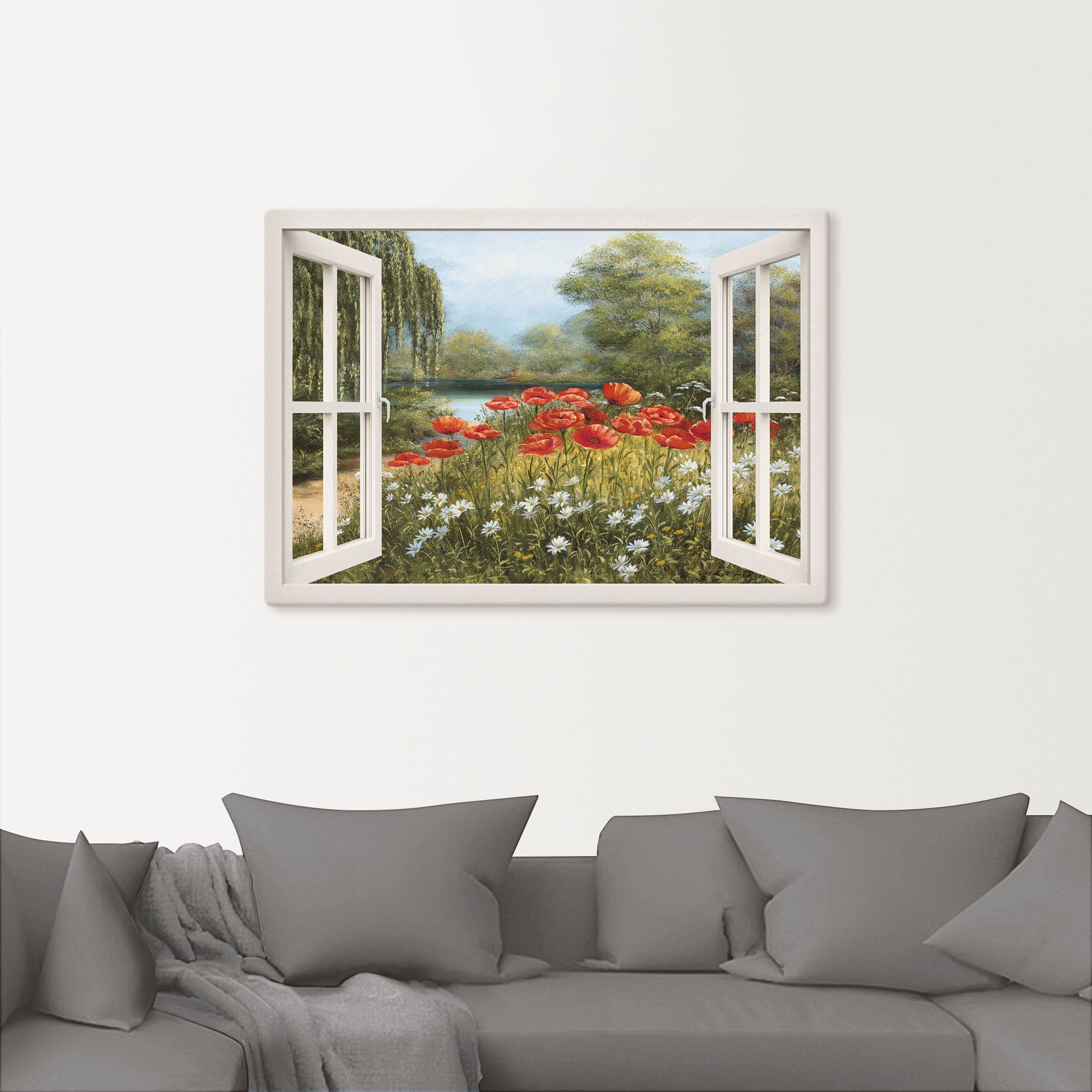 Artland Artprint Blik uit het venster klaproosweide als artprint op linnen, poster in verschillende formaten maten
