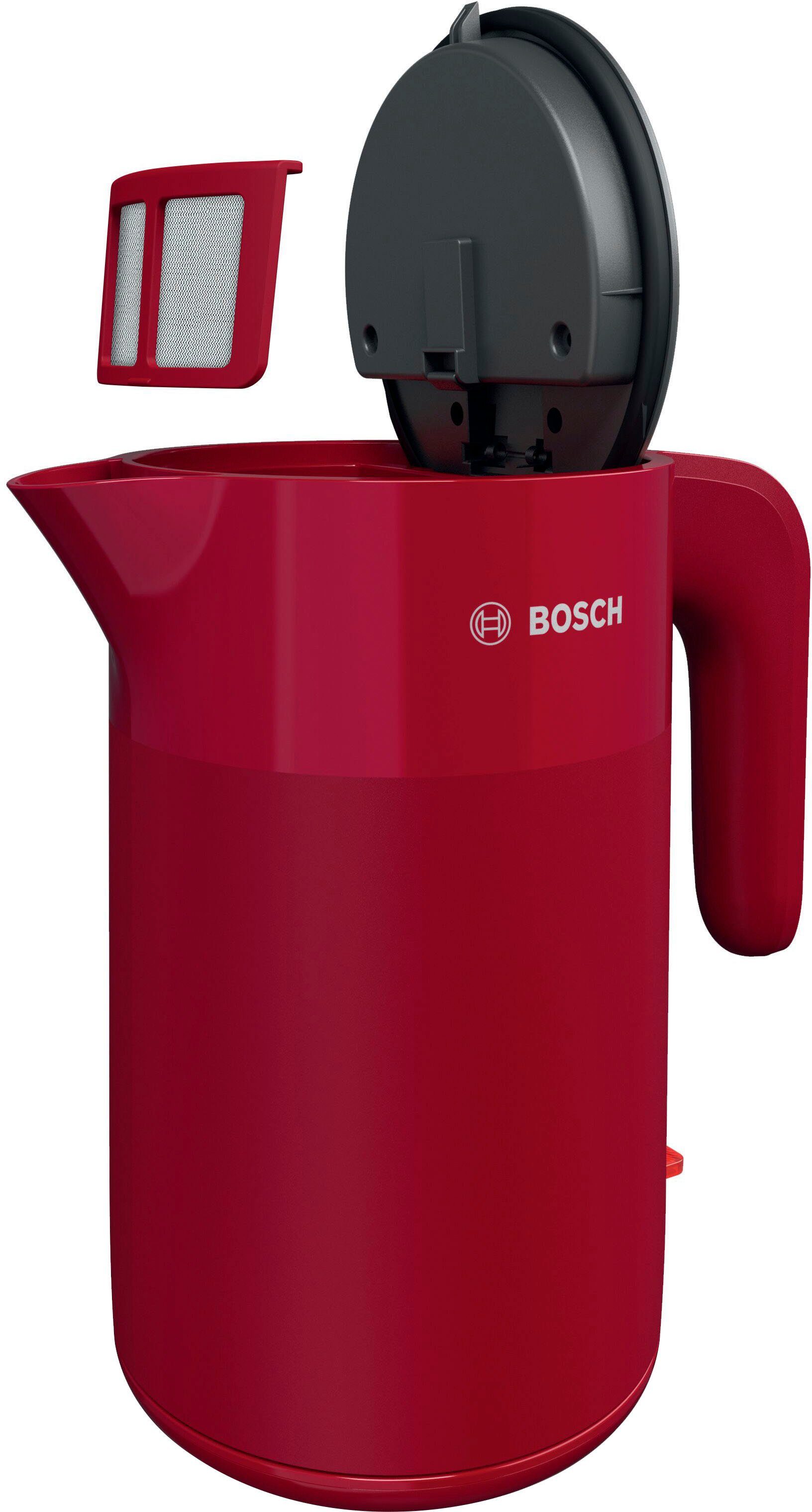 BOSCH Waterkoker TWK2M164, 1,7 l, Automatische uitschakeling, weergave aantal kopjes, mat rood