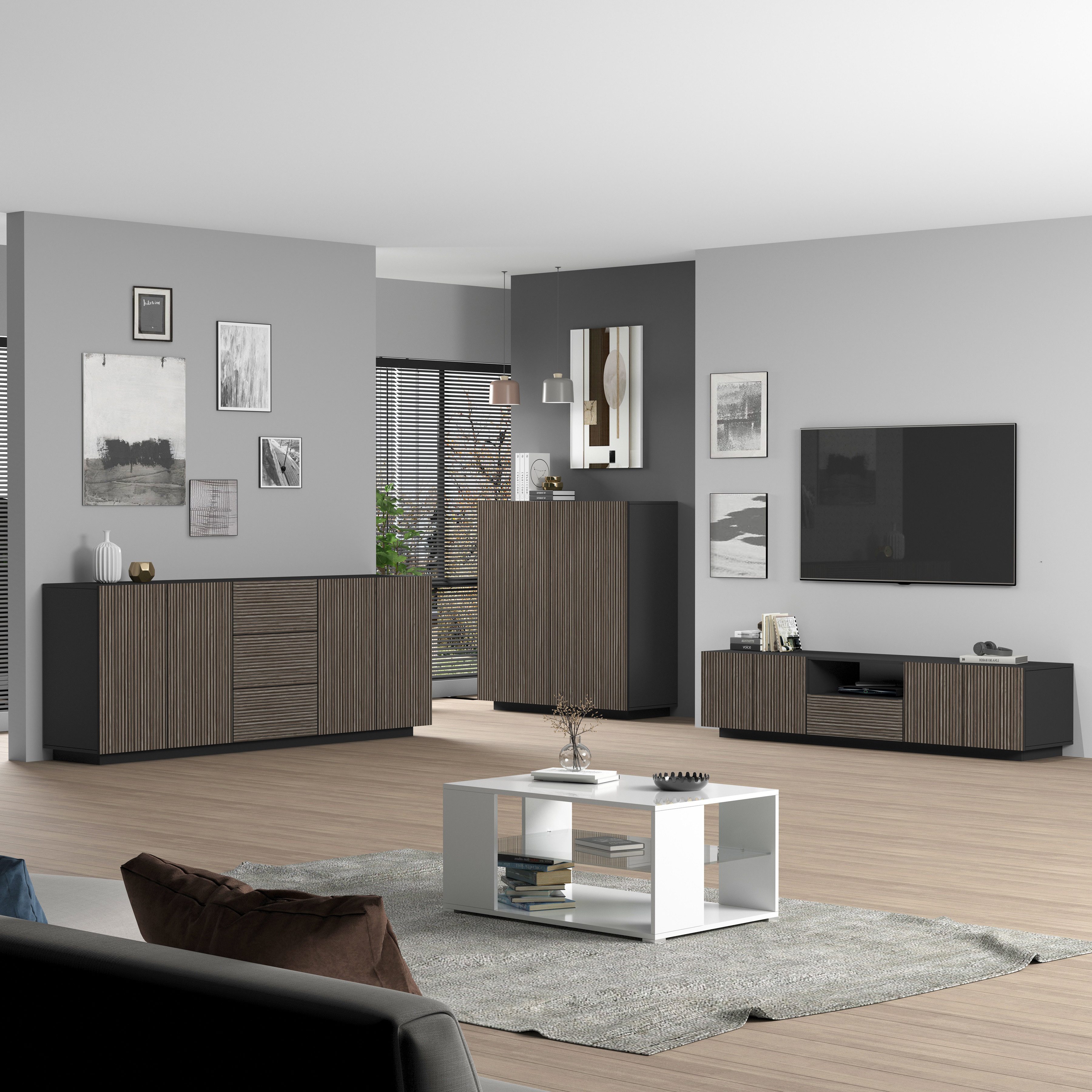 INOSIGN Dressoir Vega Sideboard, Ladekast, 220 cm met 4 deuren en 3 lades, fronten met groeflook