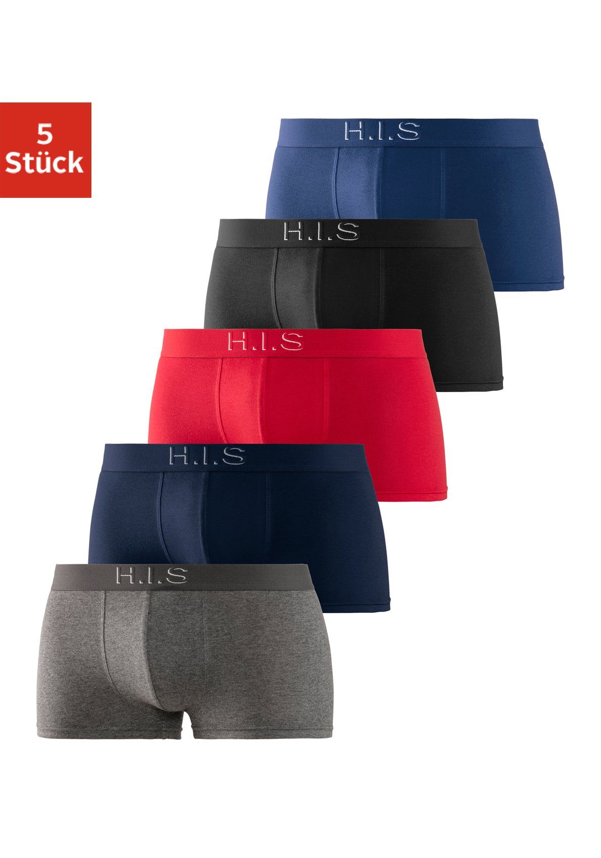 H.I.S Hipster strak zittende boxershorts aan de webband met logo-opdruk met 3d-effect (set, 5 stuks)