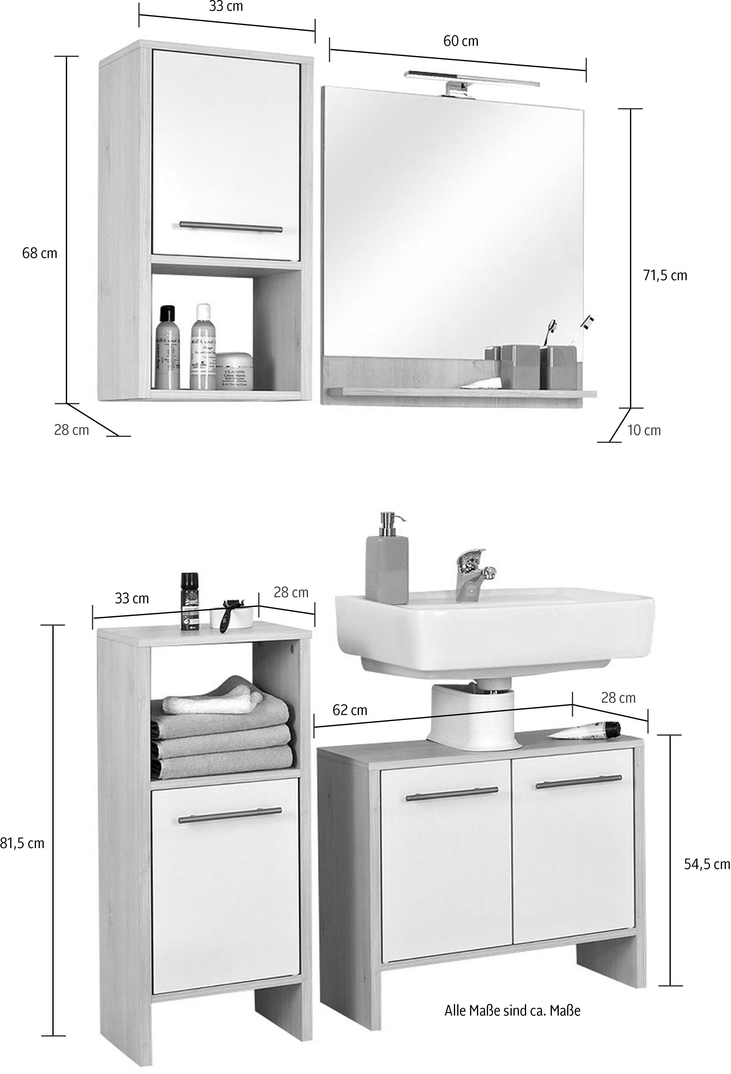 Saphir Badmeubelset Quickset 350 4-delig, met wastafelonderkast en led-spiegel Pine Ida licht imitatie, met 4 deuren, 2 nissen, zonder wasbak (set, 4 stuks)