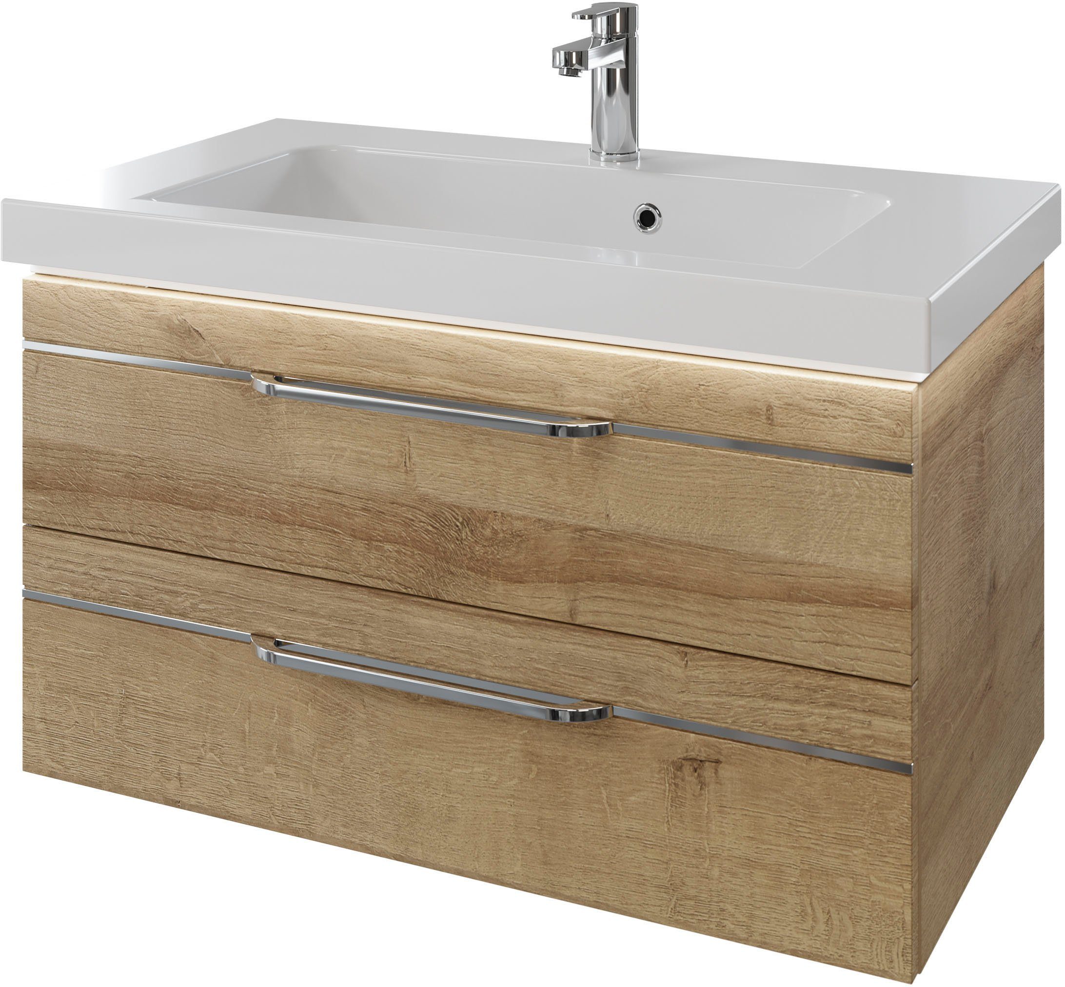 Saphir Wastafelonderkast Serie Balto mineraalmarmeren wastafel met onderkast, 92 cm breed Wastafelmeubel met 2 laden, badkamerkast in verschillende
