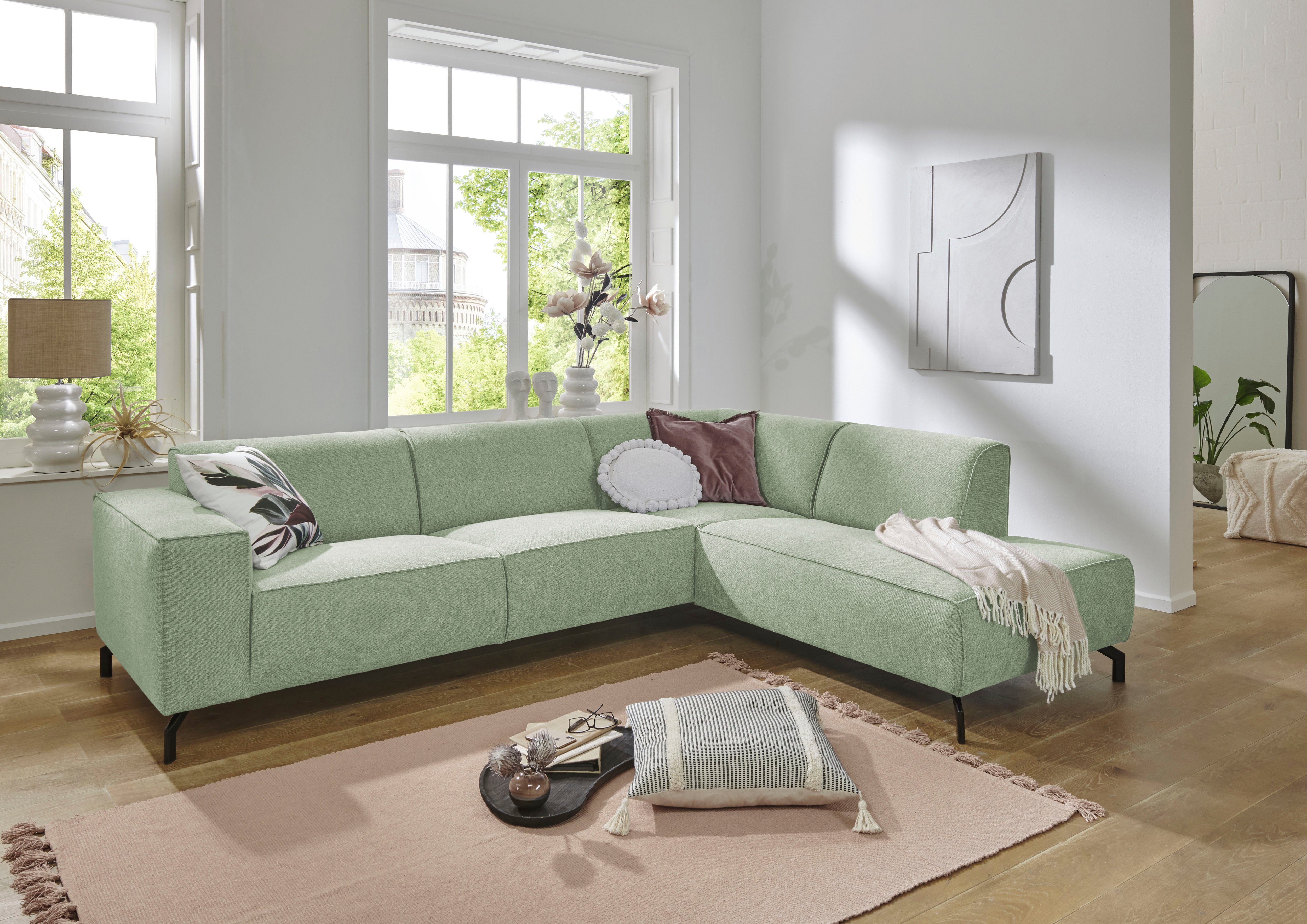 Places of Style Hoekbank Lorcan, breedte 275 cm, zacht zitgevoel met zwarte metalen poten, lederlook en zachte structuurstof